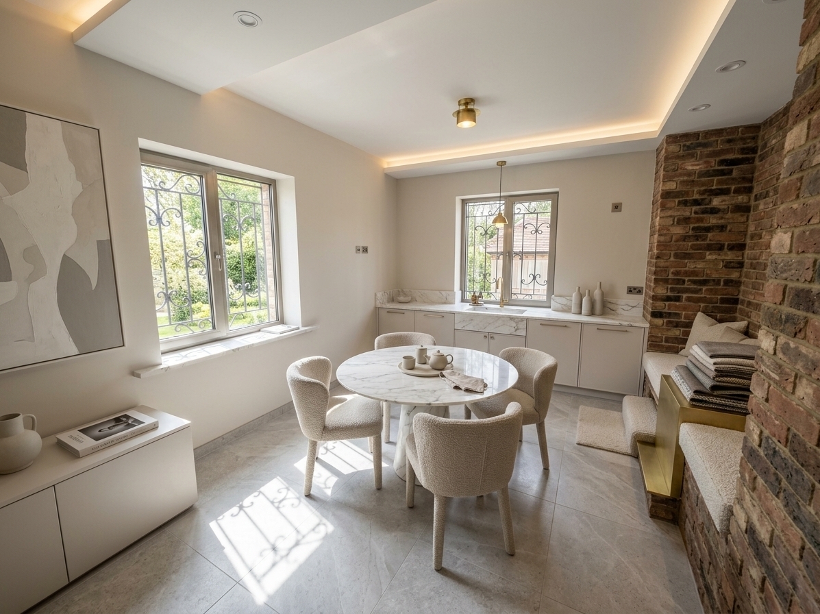 An incredibly lifelike, richly detailed, photorealistic wide-angle interior shot of a sophisticated contemporary kitchen and breakfast nook set in an airy, light-filled luxury residence. The scene is illuminated by gentle mid-morning sunlight pouring through crisp, grille-free panoramic windows and layered with soft, warm recessed cove lighting and an organic, sculptural brass pendant, creating an understated and tranquil atmosphere. Captured with a Sony α7R V paired with a 24mm f/2.8 wide-angle lens, emphasizing the fine textures of honed Calacatta marble, brushed champagne-gold accents, and tailored bouclé upholstery. 

The reimagined space seamlessly replaces the unfinished shell with floor-to-ceiling pearl-toned cabinetry, a waterfall-edge kitchen island with polished stone surfaces, and slim metallic hardware. Centered near the window, a refined round dining table is accompanied by tailored upholstered chairs, featuring a curated art photography book and a minimalist ceramic vase. Large-scale monochromatic abstract wall art in shades of warm white, pearl, and soft gray graces the neutral wall, establishing a clean-lined, elegant, and perfectly balanced aesthetic that gazes out onto manicured garden greenery.