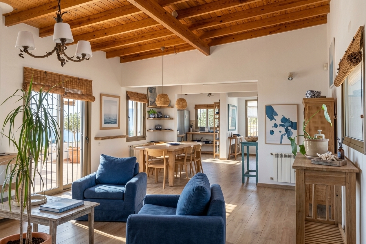 An incredibly lifelike, richly detailed, photorealistic wide-angle interior shot of a transformed coastal living and dining room set in a breezy seaside villa. The scene is illuminated by sun-kissed morning light streaming through expansive glass patio doors, creating an airy, fresh, and thoroughly relaxed atmosphere. Captured with a 24mm wide-angle lens at f/4, emphasizing the rich grain of warm honeyed ceiling beams, woven wicker textures, and smooth sandy-neutral floors. The open-plan layout showcases a refined palette of crisp whites, ocean blues, and driftwood tones, anchored by plush indigo slipcovered armchairs, a weathered wood coffee table styled with a sleek ocean photography book, and minimalist framed seascape wall art. Slender potted palms sway gently by the sunlit terrace entryway, while woven rattan pendant lights cast intricate shadows over a natural timber dining table with streamlined chairs, ensuring an uncluttered, light-filled, and effortlessly inviting coastal retreat.