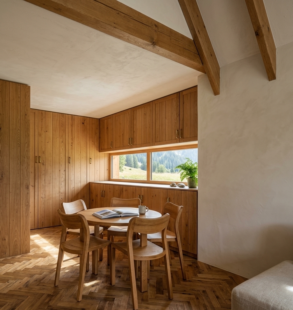 An incredibly lifelike, richly detailed, photorealistic wide-angle interior shot of a cozy kitchen dining nook set in a serene alpine mountain escape. The scene is illuminated by soft, natural daylight streaming through the horizontal ribbon window complemented by warm, dappled morning sunlight on the floor, creating an inviting, tranquil, and comfortable atmosphere. Captured with a professional 35mm architectural lens, emphasizing the organic grain of honey-toned timber, textured off-white walls, and classic herringbone parquet flooring. Bespoke light-wood cabinetry wraps the corner beneath exposed structural ceiling beams, while a sturdy round wooden dining table and crafted matching chairs anchor the space. Styled with an open photography book, subtle mountain-inspired decor, and lush indoor plants, the palette of deep greens, rich wood tones, and warm neutrals perfectly captures a modern, rugged cabin retreat.