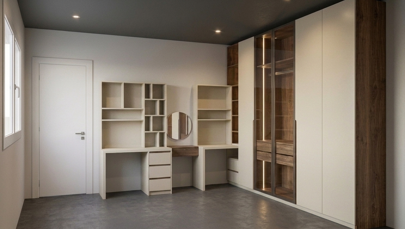 An architectural interior photograph of the modern bedroom cabinetry, preserving the exact room layout, framing, and perspective. The tall matte wardrobe doors feature completely seamless, flat fronts without any recessed handles. Soft daylight from the left window balances with warm 3000K vertical LED strip lighting inside the walnut glass cabinet and open shelving. Captured with a professional architectural lens, showcasing tactile matte finishes, authentic wood grain textures, subtle surface reflections on the concrete floor, and realistic photographic depth.