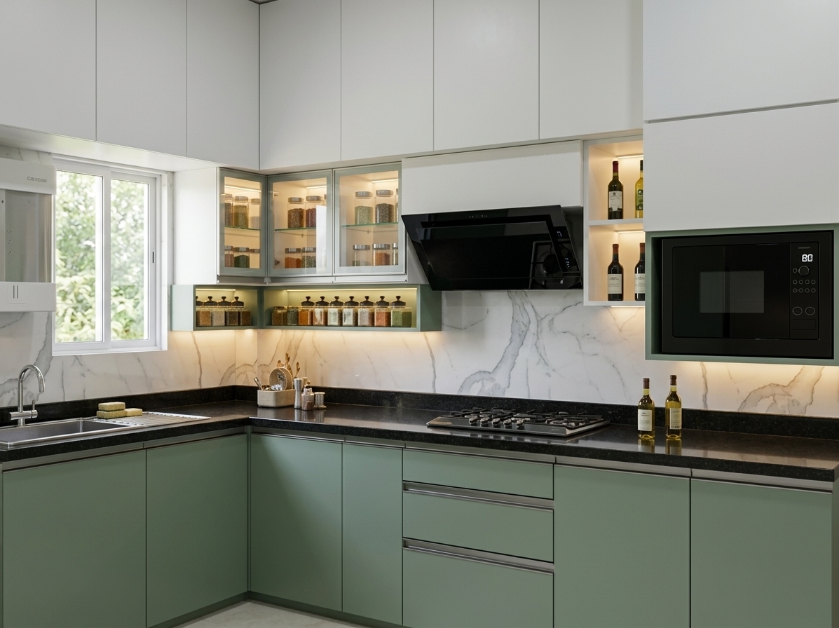 An incredibly lifelike, richly detailed, photorealistic wide-angle interior shot of a contemporary modular kitchen set in a serene, modern urban residence. The scene is illuminated by gentle, diffused daylight streaming through the side window paired with warm under-cabinet LED strip lighting, creating a tranquil, uncluttered atmosphere. Captured with a professional full-frame camera and a 24mm tilt-shift lens, emphasizing the smooth matte texture of the sage green lower cabinetry, pristine white overhead storage, and polished dark granite countertops. The elegant white marble backsplash with subtle gray veining adds depth to the streamlined layout, which features seamlessly integrated black appliances, illuminated glass spice cabinets, and open niche shelving, presenting a perfectly balanced, Zen-inspired culinary haven defined by functional simplicity and clean, modern lines.