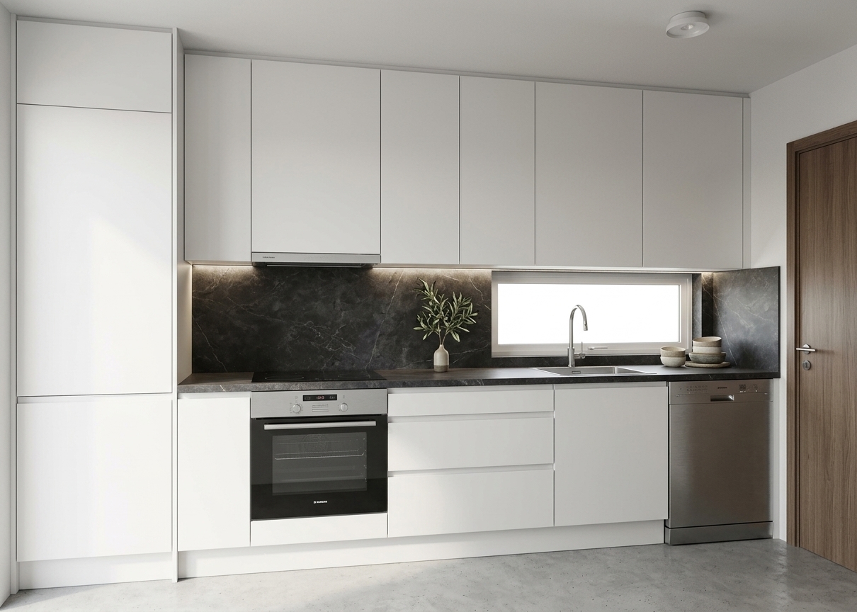 Architectural photograph capturing the kitchen with smooth matte white cabinetry and an Ascale Ayure Black porcelain countertop paired with a matching dark veined stone backsplash surrounding the existing horizontal window. The layout, geometry, camera angle, and built-in appliances remain identical to the reference. Soft daylight filters naturally through the window with subtle under-cabinet ambient lighting, revealing realistic matte textures and faint stone sheen, photographed with a sharp lens, neutral color temperature, and clean natural depth of field.