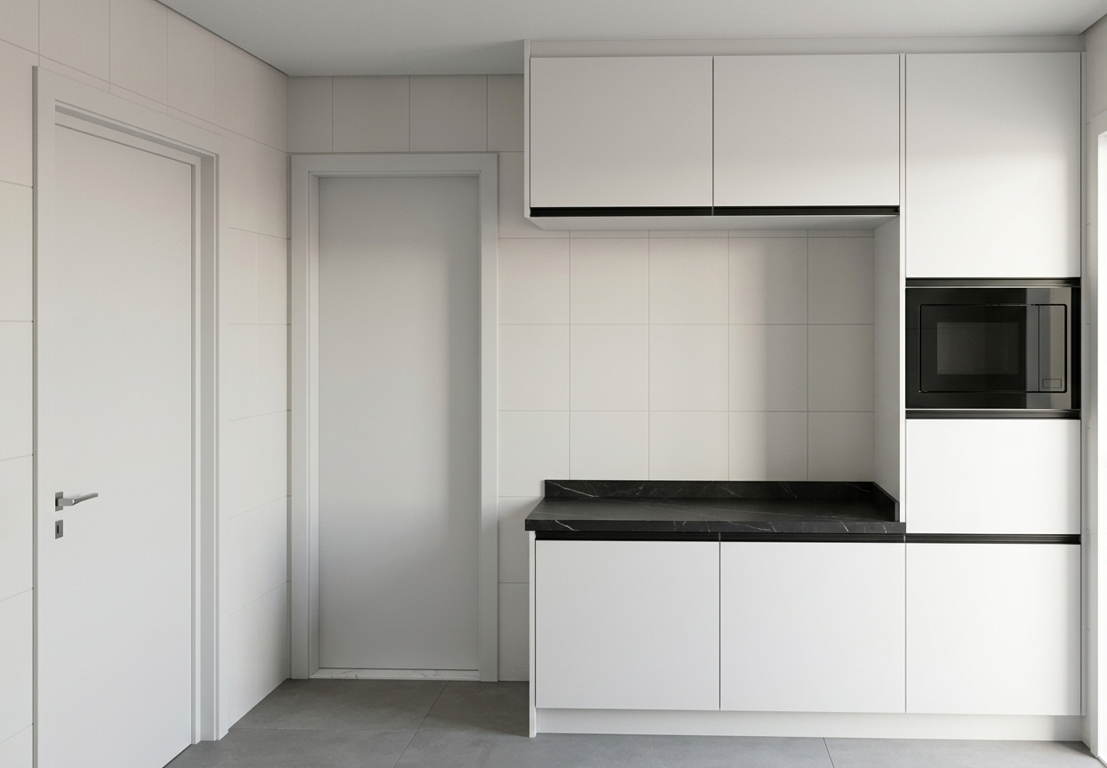 A crisp architectural photograph of the kitchen layout from the exact eye-level perspective, featuring smooth matte white cabinet finishes, an integrated black J-pull gola handle above the built-in microwave, and an Ascale Allure Black countertop with subtle natural veining. Soft, diffused daylight enters the room, casting gentle ambient shadows beneath the upper cabinetry and revealing realistic textures on the tiled backsplash. The scene is captured with sharp 35mm lens clarity, true-to-life reflections on the microwave glass, balanced natural exposure, and subtle photographic imperfections like soft light falloff and fine micro-textures across all matte surfaces without any overlaid graphics or text.