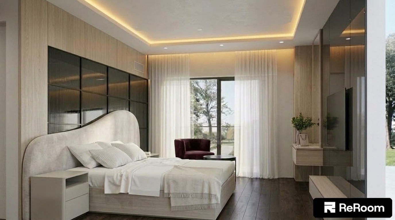 Add an elegant, modern, asymmetrical curved headboard behind the bed, seamlessly integrated against the light wood and glass accent wall while keeping all other room elements unchanged.