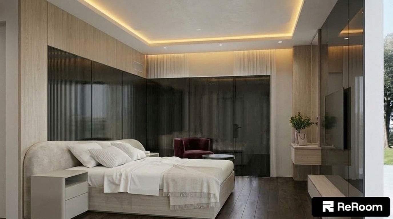 Render this bedroom view with a refined, realistic modern curved headboard. Remove the horizontal and vertical grid frames from the dark fluted glass partition wall, keeping a seamless dark glass surface with a dark glass door at the far end. Keep all other room elements, lighting, and finishes unchanged.