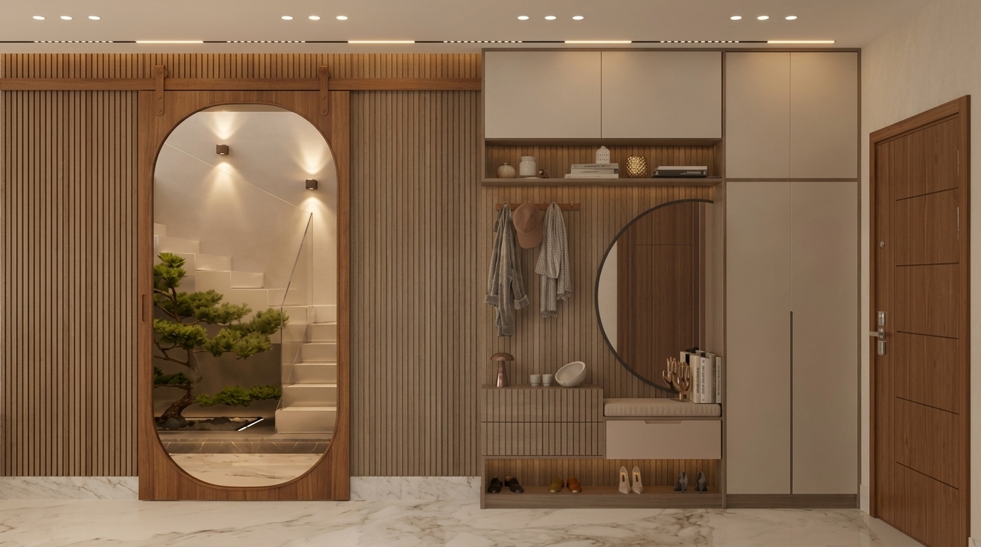 Keep the overall design of the interior hallway while making specific material and architectural updates:

- Change the sliding glass door on the left to a modern arch-shaped profile with rounded, semi-circular top and bottom curves instead of sharp right angles.
- Add vertical wood cladding to the wall background behind/around the sliding door, and change all gold metallic framing to matching warm wood.
- Update the seating bench cushion and the drawer beneath it so their colors and materials match the surrounding storage unit and overall neutral color palette.
- Change the 4-drawer chest finish to match the slatted wood tone.
- Refine the warm interior lighting and material finishes across the scene for a cohesive, natural aesthetic.