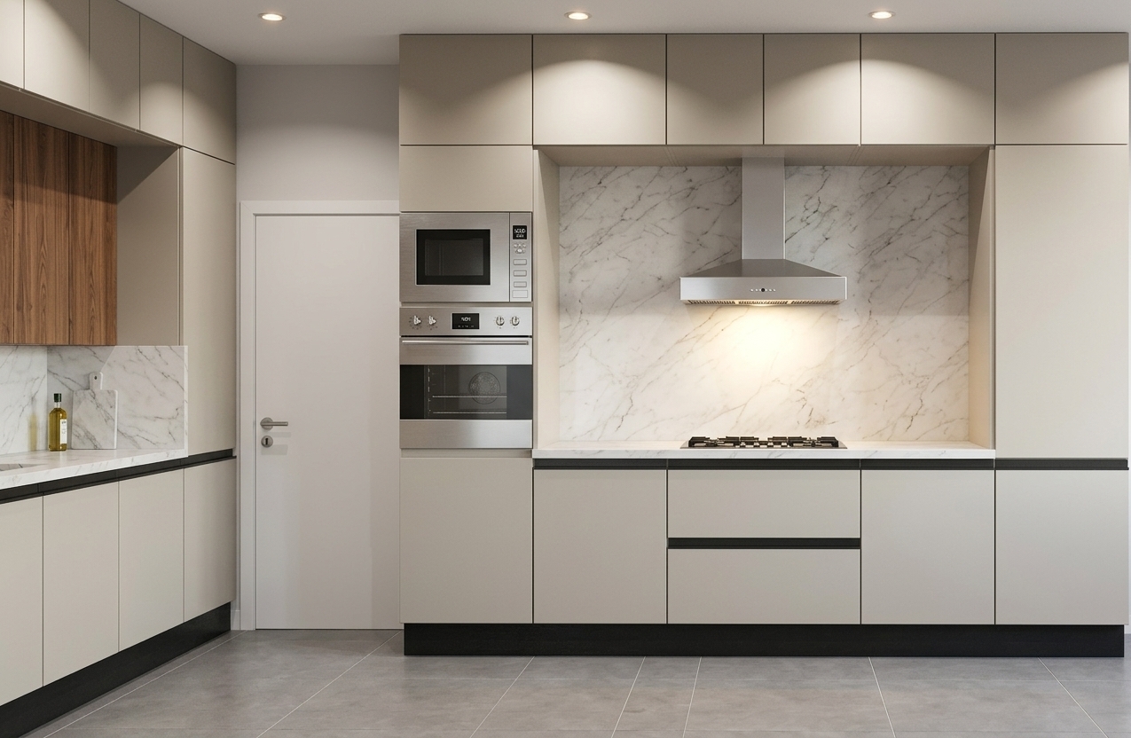 An eye-level architectural interior photograph of the modern kitchen, preserving the exact geometry and layout with realistic finishes. The cabinetry features a smooth matte warm light greige finish with sleek integrated black profile handles, complemented by vertical natural wood grain on the upper accent cabinets. The recessed backsplash alcove and countertops are clad in polished off-white marble with subtle grey veining, reflecting soft ambient light. Warm architectural recessed spotlights and under-hood task lighting brightly illuminate the space, casting gentle, diffused shadows across the tiled floor. The stainless steel appliances showcase authentic brushed metallic textures and realistic reflections, accented by minimal countertop props like a wooden cutting board and glass oil bottle, all captured with a sharp, balanced architectural lens.