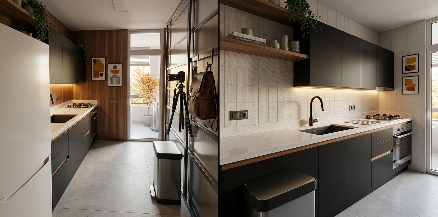 An incredibly lifelike, richly detailed, photorealistic wide-angle interior shot of a reimagined modern fusion kitchen set in an urban contemporary apartment during a crisp autumn afternoon. The scene is illuminated by soft, warm golden-hour light streaming through floor-to-ceiling glass balcony doors combined with ambient, concealed under-cabinet LED strip lighting, creating a sleek, dynamic, and inviting atmosphere. Captured with a professional full-frame camera and a 24mm f/2.8 wide-angle lens, emphasizing the tactile contrast of smooth white quartz, rich vertical walnut paneling, and matte industrial-black metal surfaces. 

In this elevated, open-concept redesign, the outdated tile walls and bulky units are replaced with streamlined, handleless flat-panel cabinetry finished in seamless matte black and warm natural wood veneers. A polished white quartz countertop with subtle grey veining runs uninterrupted, integrating an undermount charcoal composite sink with a sleek architectural black faucet. Across the wall, bold geometric abstract art with accents of ochre, rust, and stark monochrome replaces the old decor, while a floating walnut shelf thoughtfully displays a curated hardcover photography book and minimalist ceramic vessels. Potted lush greenery trails gracefully from the corner, introducing organic vitality to the clean, industrial-inspired lines and perfectly balanced, functional proportions.