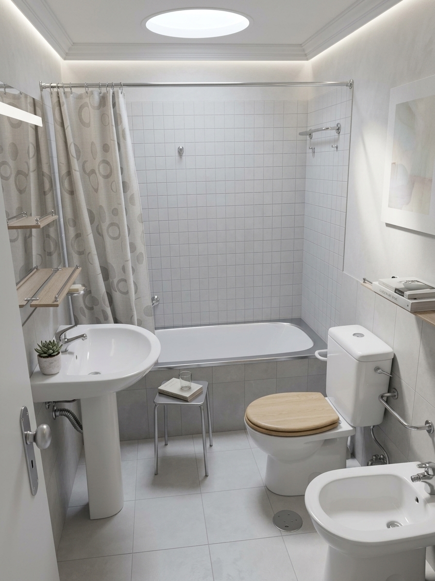 An incredibly lifelike, richly detailed, photorealistic wide-angle interior shot of a reimagined minimalist bathroom retreat set in a contemporary summer residence. The scene is illuminated by soft, diffused perimeter LED cove lighting paired with gentle, indirect summer daylight streaming from an overhead skylight, creating a serene, uncluttered, and Zen-inspired atmosphere. Captured with a full-frame camera and a 24mm architectural tilt-shift lens, emphasizing smooth monochromatic micro-cement surfaces, tactile light oak textures, and polished chrome hardware. Replacing the outdated layout, this streamlined haven boasts seamless shades of crisp white and soft gray, anchored by a floating natural wood vanity with sleek concealed drawers and an integrated vessel basin. The bathtub is reimagined as a deep, minimalist built-in soaking tub behind a frameless glass partition, while the floor-mounted fixtures are updated to a streamlined, wall-hung toilet to maximize floor space. Surfaces remain pristine and clutter-free, elegantly styled with minimal decor including a curated photography book resting atop a slim metal side stool, a delicate potted indoor plant providing a touch of organic greenery, and subtle abstract wall art washed in muted pastel tones, fully realizing a functional, modern, and deeply calming sanctuary.