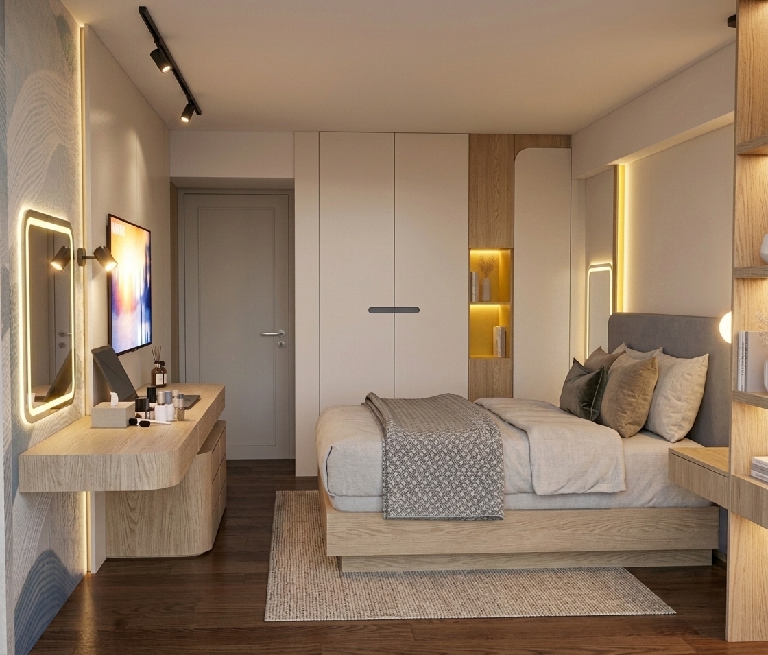 An architectural interior photograph of the bedroom scene preserving the exact layout, framing, and materials, with the vertical LED strip beside the vanity mirror replaced by a matte black track featuring an adjustable directional spotlight. The vanity mirror features an integrated front-facing LED border casting direct soft illumination, while the tall mirror between the wardrobe and headboard is gently backlit with an ambient edge halo. The metallic legs beneath the wooden platform bed are removed, leaving a clean base. Warm, balanced interior lighting brings out tactile textures across the woven bedding, oak cabinetry, and floorboards, captured with natural depth of field and subtle photographic grain.