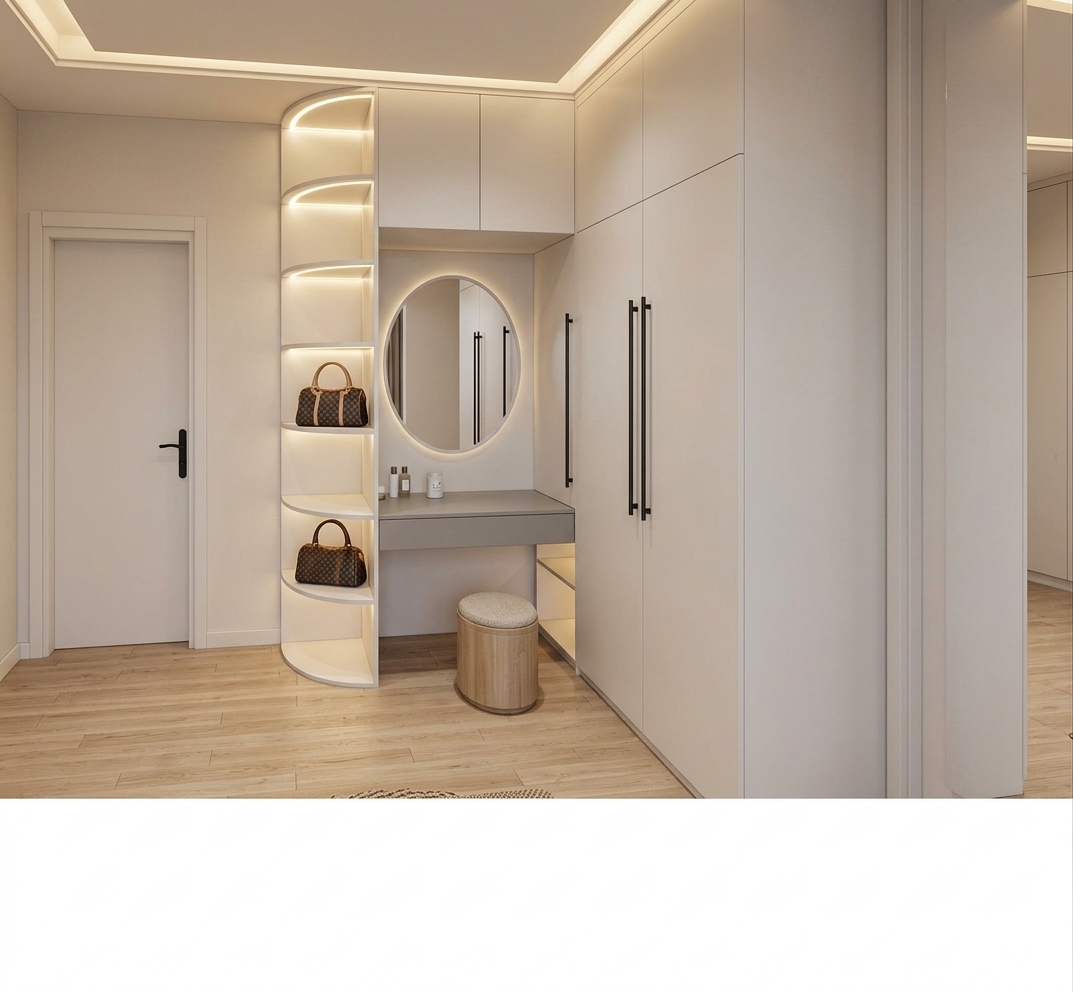 An incredibly lifelike, richly detailed, photorealistic wide-angle interior architectural shot of a digital Zen-inspired dressing vanity and wardrobe nook set in a high-tech modern luxury bedroom. The scene is illuminated by soft, concealed ceiling cove lighting paired with warm, futuristic LED backlighting along curved vertical shelving, creating a tranquil, sophisticated, and serene atmosphere. Captured with a full-frame 35mm tilt-shift architectural lens, emphasizing smooth matte-white and cool gray millwork, precision black metallic edge handles, and subtly grained pale hardwood flooring. An elegant oval mirror sits seamlessly flush above the suspended floating vanity desk, perfectly offset by the illuminated curved corner display case showcasing curated designer accessories, while uncluttered surfaces, sleek contours, and harmonious geometry evoke a smart, forward-thinking sanctuary of minimalist tranquility.
