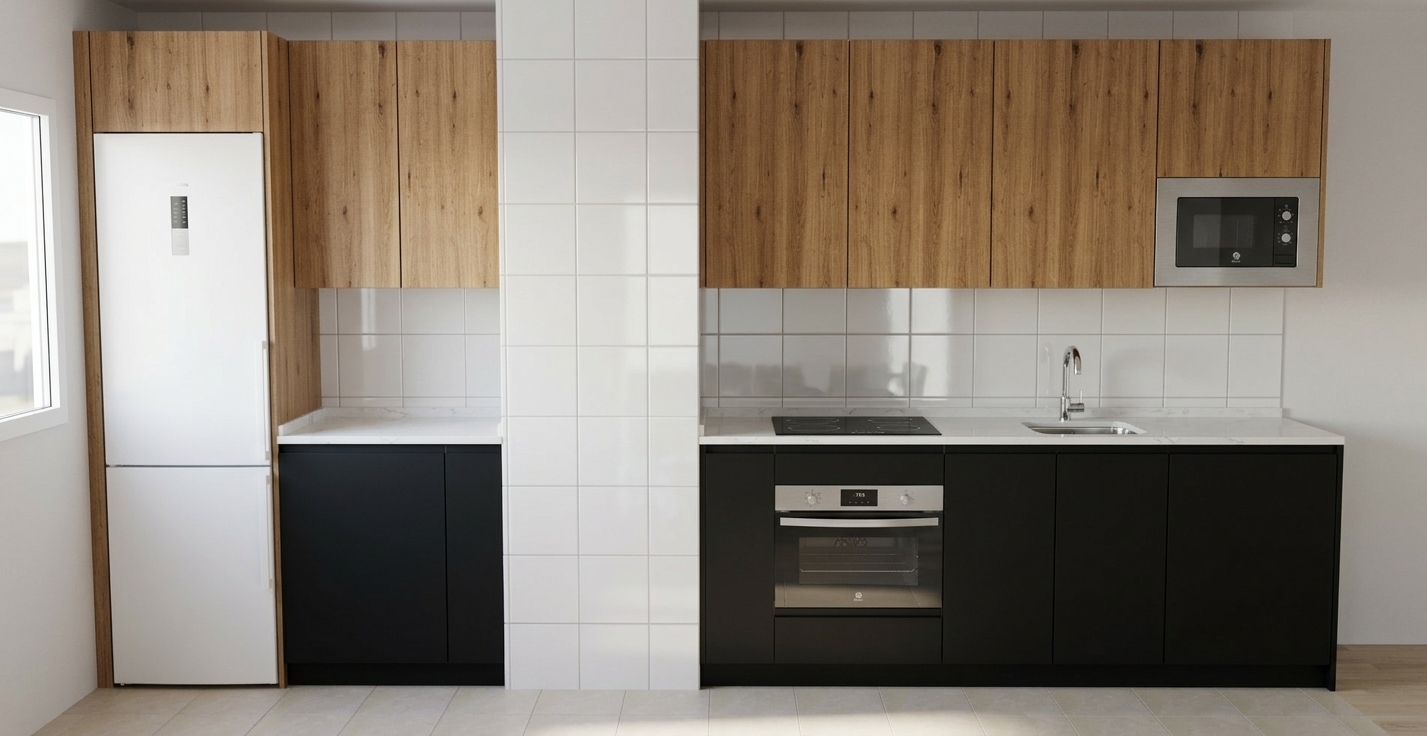 Eye-level architectural photograph of the identical kitchen setup, shot with a 35mm lens in soft daylight entering from the left. Faithfully render tactile surfaces: rich oak wood grain on the upper cabinets, smooth matte black finishes on the lower units, subtle veining on the white stone countertops, and authentic reflections across the glossy square white wall tiles and tiled column. Stainless steel appliances and the chrome faucet display realistic metallic specular highlights, complemented by natural contact shadows, micro-textures, and faint film grain across the tiled floor without altering any geometry, materials, or composition.