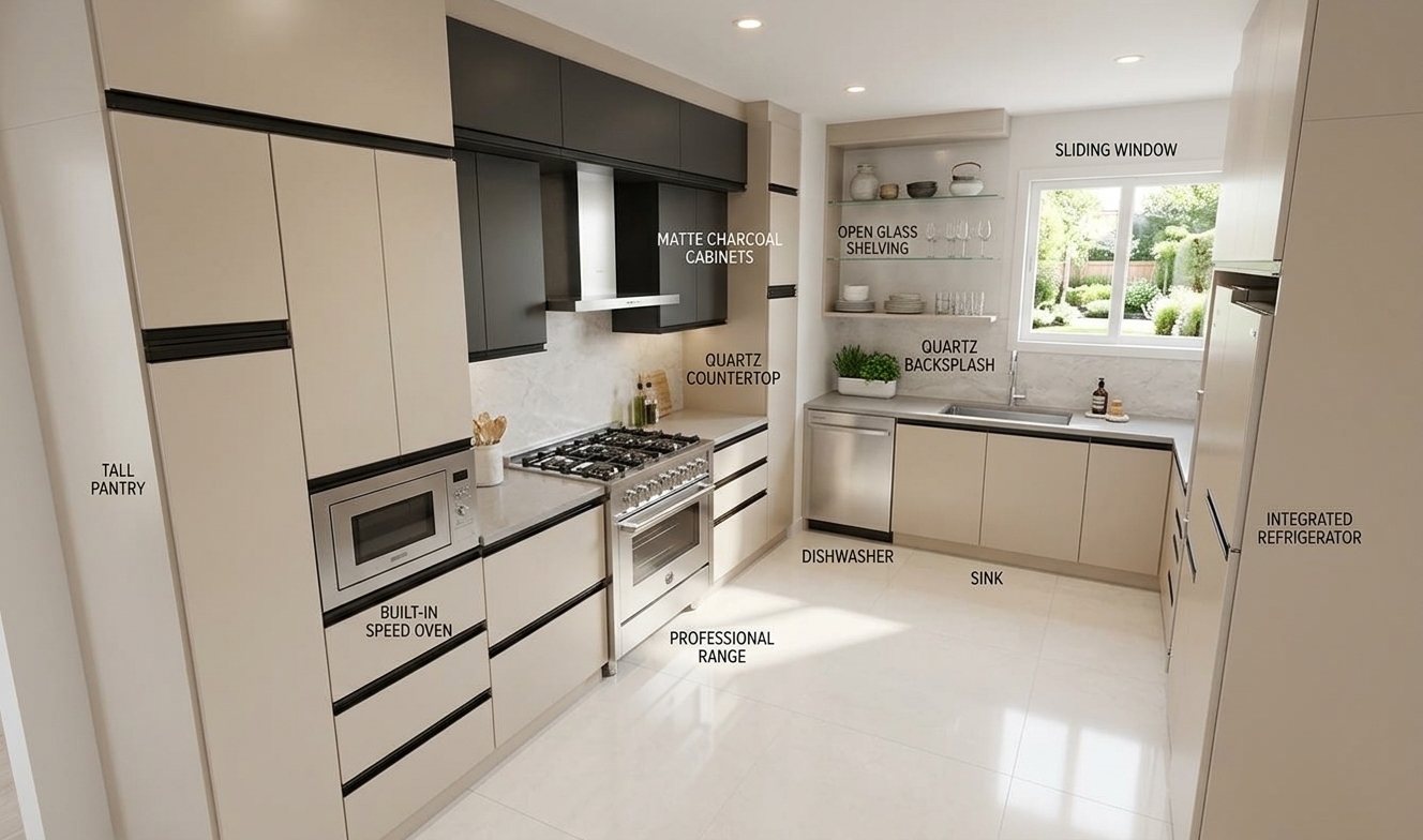 An incredibly lifelike, richly detailed, photorealistic wide-angle interior view of a contemporary kitchen set in an elegant luxury residence. The scene is illuminated by radiant summer midday daylight streaming through the crisp white casement window, softly diffused across the room and accented by clean recessed ceiling glow, creating an airy, refined, and serene atmosphere. Captured with a professional 24mm architectural tilt-shift lens, emphasizing smooth satin pearl and champagne-toned cabinetry, sleek matte charcoal upper units, and slim black integrated hardware. Polished soft-gray stone countertops and a delicate marble-textured backsplash complement the high-end stainless steel range and built-in appliances, while seamless large-format porcelain floor tiles ground the space, achieving a perfectly balanced, sophisticated, and light-filled culinary environment.