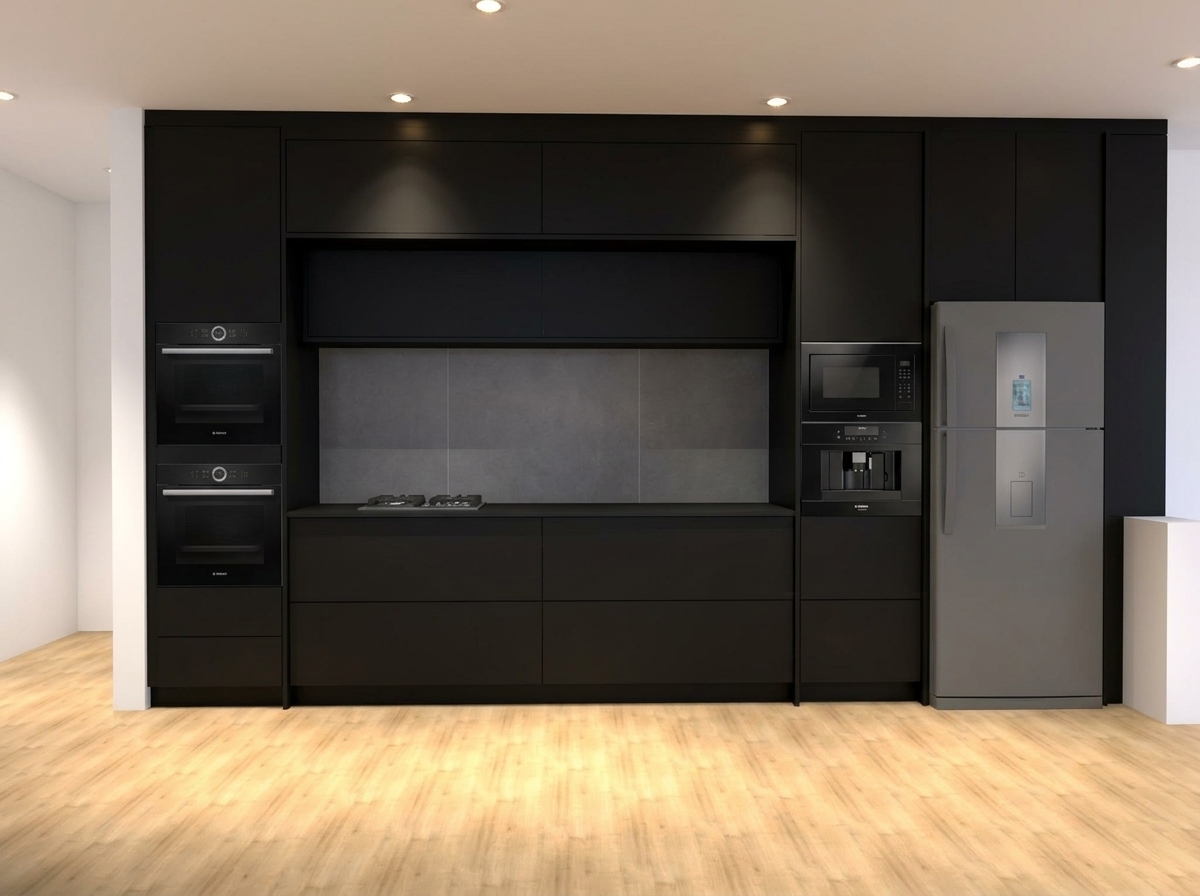 Transform this 3D render into a photorealistic architectural photo of a modern kitchen. Change all white cabinetry, panels, and upper storage to a sleek matte black finish. Add a matching recessed black plinth (toe-kick) underneath all base cabinets. In the open shelves of the left tall cabinet, install two vertically stacked built-in black ovens. In the open shelves of the right cabinet next to the refrigerator, install a matching built-in microwave and an integrated built-in coffee machine. Render realistic materials, warm ambient downlighting, and natural wood grain textures on the floor.
