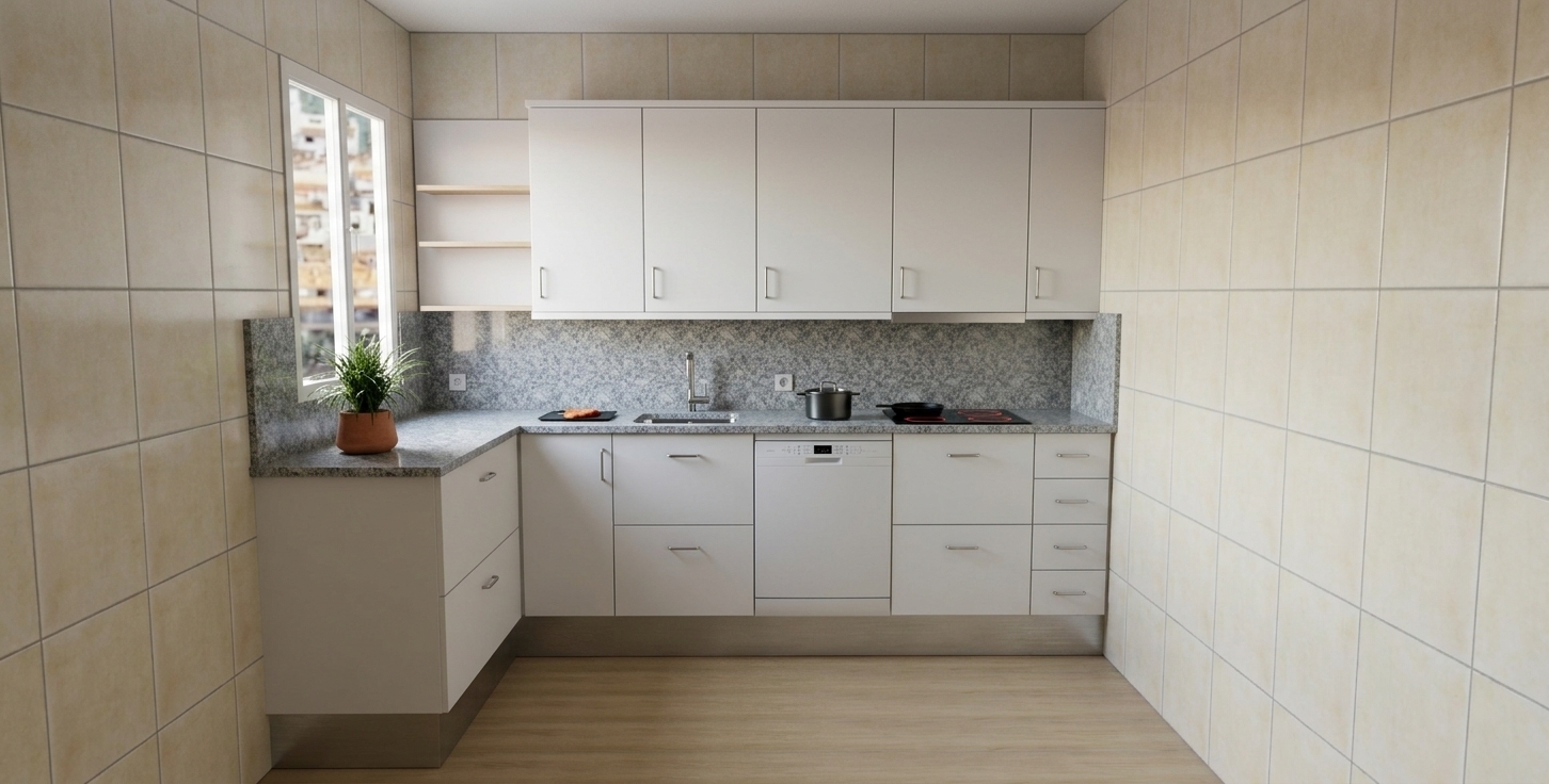 A crisp eye-level photograph of this exact kitchen layout, capturing the precise geometry, materials, and placement with authentic photographic realism. Soft morning daylight enters through the left window, casting gentle shadows and subtle highlights across the matte white cabinet fronts and metallic plinth below. The speckled grey granite countertop and matching backsplash display micro-surface grain, subtle gloss, and realistic depth, with the stainless steel sink, faucet, cooktop, and dishwasher showing natural reflections and fine specular highlights. The yellow-beige tiled walls exhibit realistic ceramic glaze with fine grout line textures, while the light wood laminate flooring reveals faint grain variation. Captured on a sharp 35mm architectural lens with balanced exposure, neutral color temperature, gentle ambient occlusion, and subtle natural photographic grain, preserving every detail and texture precisely as framed.
