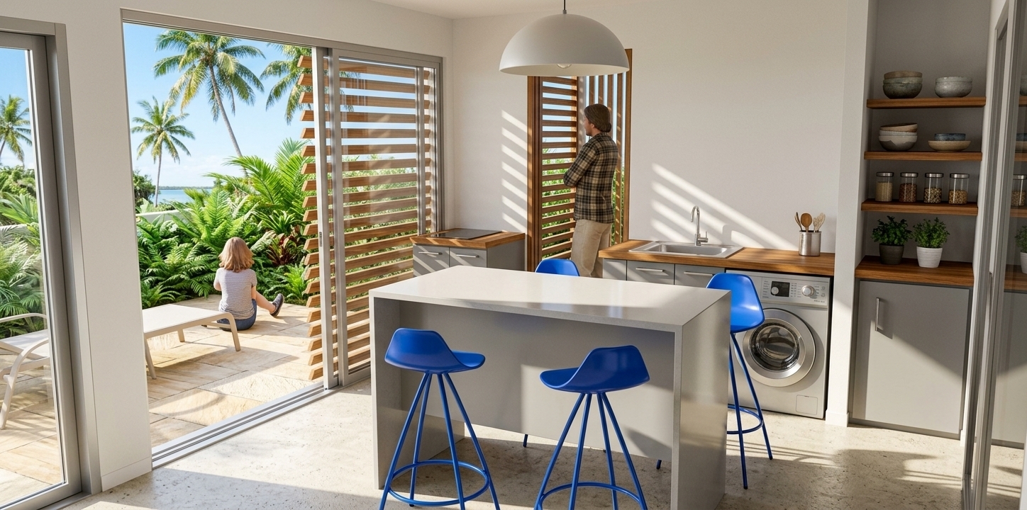An incredibly lifelike, richly detailed, photorealistic wide-angle interior photograph of a modern minimalist kitchen haven set in a sun-drenched tropical retreat. The scene is illuminated by bright midday summer sunlight filtering through large sliding glass doors, casting crisp architectural shadows and infusing the space with an airy, relaxed holiday atmosphere. Captured with a 24mm tilt-shift architectural lens, emphasizing the smooth waterfall breakfast bar, vibrant cobalt-blue barstools, and the fine grain of warm timber countertops and polished fixtures. In the kitchen, an integrated washing machine and clean-lined grey cabinetry maintain an uncluttered aesthetic where a man stands casually by the slatted window. Just beyond the expansive glass opening, a woman sits comfortably on a sun-drenched outdoor terrace paved in textured natural sandstone, completely enveloped by lush tropical garden landscaping, leafy ferns, and towering coconut palms swaying under a clear azure sky.