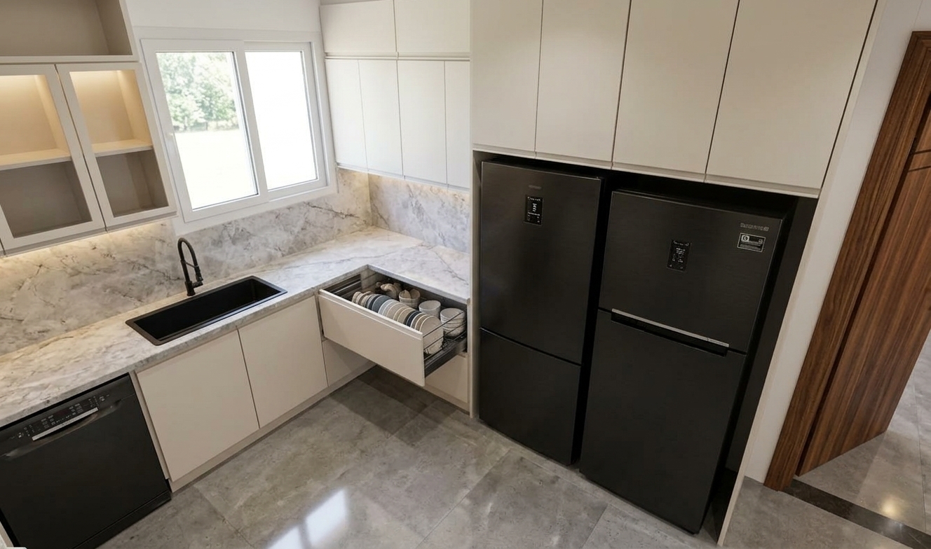An incredibly lifelike, richly detailed, photorealistic high-angle interior shot of a sleek modern fusion kitchen set in an open-concept urban apartment. The scene is illuminated by crisp, natural midday summer light pouring through the white-framed sliding window, balanced by soft, warm LED task lighting recessed beneath the upper cabinetry, creating an airy, dynamic, and immaculate atmosphere. Captured with a wide-angle architectural tilt-shift lens, emphasizing the subtle crystalline veining of the polished grey-and-white marble countertops, the smooth, satin finish of the modular off-white cabinetry, and the bold, light-absorbing textures of the brushed black appliances. An extended lower drawer showcases organized ceramic dinnerware on an integrated rack, while a sophisticated matte-black undermount sink with a gooseneck faucet anchors the prep station. Recessed neatly beneath geometric overhead cupboards, two tall matte-black refrigerators provide a striking industrial-inspired contrast against the creamy marble backsplash, with a rich, polished wood door frame on the periphery adding an organic, grounded warmth to this clean, contemporary culinary space.