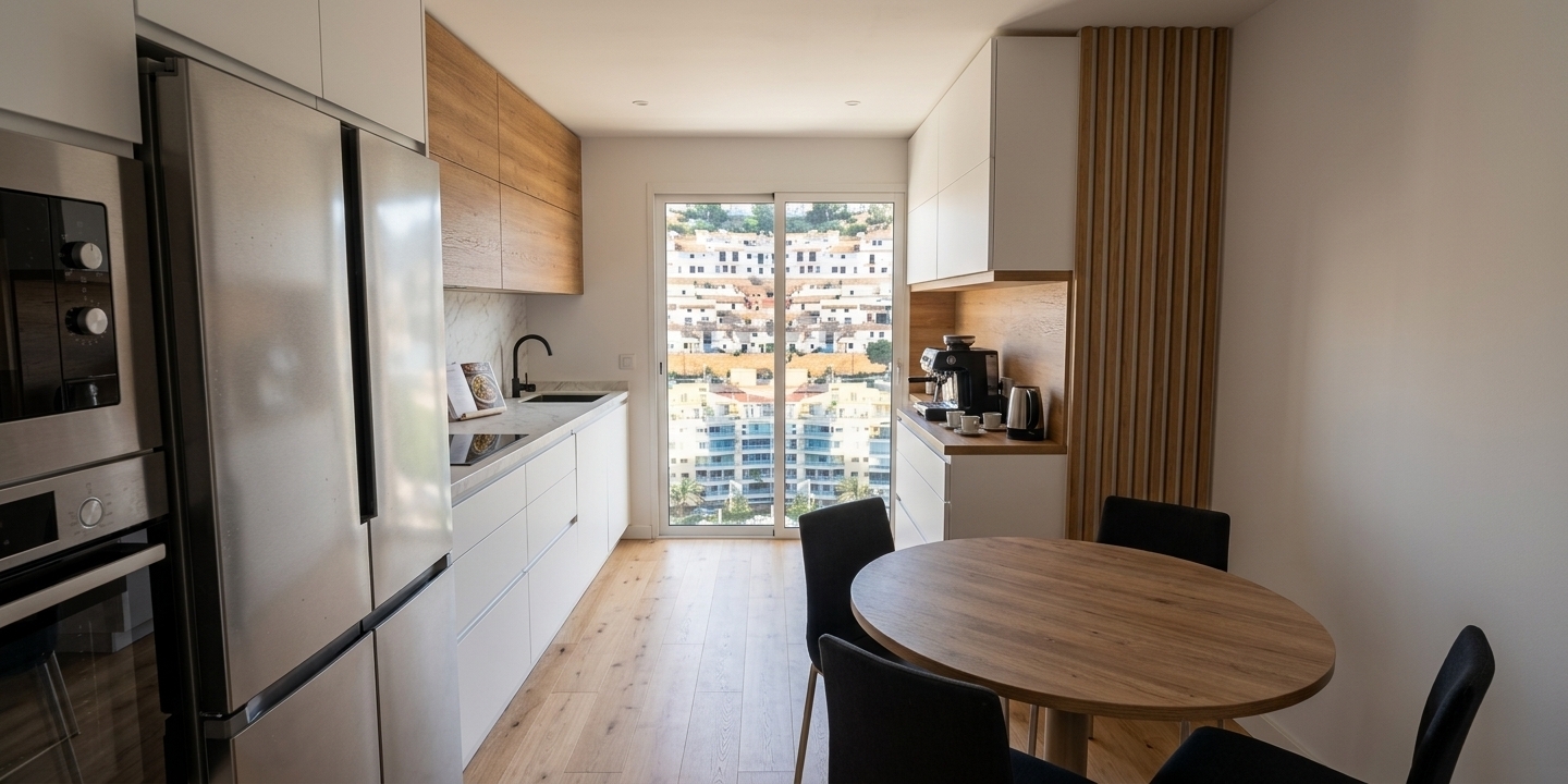 A professional architectural interior photograph capturing the exact scene with natural daylight streaming through the sliding glass balcony door, casting soft ambient light and gentle shadows across the space. The materials feature realistic tactile finishes, showcasing authentic wood grain on the circular dining table, vertical slatted wall, and upper cabinetry, paired with a soft satin sheen on the white lower cabinets. The large refrigerator and built-in oven exhibit authentic brushed stainless steel reflections with subtle, natural micro-scratches. Shot on a wide-angle 24mm tilt-shift lens at eye level, the image maintains precise linear perspective, crisp details, balanced exposure, and true-to-life color temperature throughout.