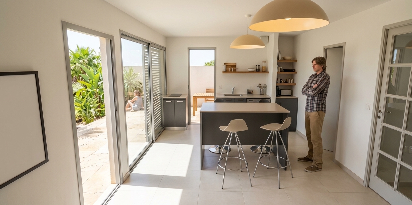 An incredibly lifelike, richly detailed, photorealistic wide-angle interior architectural shot of a sleek modern fusion kitchen set in a sun-drenched summer villa. The scene is illuminated by crisp, radiant midday sunlight flooding through expansive glass patio doors complemented by the warm, diffuse glow of oversized dome pendant lights overhead, creating a luminous, serene atmosphere. Captured with a professional full-frame camera and a sharp 24mm tilt-shift lens, emphasizing rich matte-lacquered surfaces, fine wood grain countertops, and pristine light tile flooring with subtle soft reflections. 

In the foreground, a central kitchen island is paired with sculpted blue-and-white minimalist barstools on chrome legs, while a casually dressed man stands beside it, observing the space with arms folded. The background reveals a streamlined cooking area complete with integrated stainless steel appliances, charcoal-grey lower cabinetry, and warm timber floating shelves recessed neatly into an alcove. Large glass sliding doors to the left open up directly to an outdoor terrace paved with natural textured sandstone slabs, where a woman is seen sitting and unwinding in the shade, completely surrounded by lush tropical foliage and exotic broadleaf plants basking in the midsummer warmth.