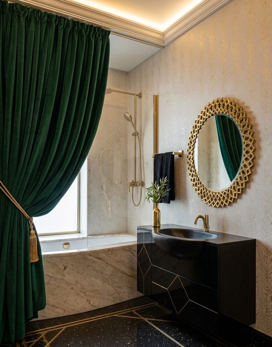 An incredibly lifelike, richly detailed, photorealistic wide-angle interior photograph of an opulent bathroom set in a high-end Art Deco penthouse. The scene is illuminated by warm, recessed ambient lighting and the radiant gleam bouncing off polished metallic accents, creating an extravagant and glamorous atmosphere. Captured with a 35mm tilt-shift architectural lens, emphasizing glossy lacquered surfaces, rich jewel-toned textures, and intricate gilded detailing. To the left, a heavy emerald velvet drapery cascades in deep, sculptural folds, elegantly swept back with a braided gold tie to reveal a deep soaking tub fitted with streamlined, brushed-brass shower hardware. A floating vanity cabinet finished in polished obsidian lacquer anchors the right side, topped with a smooth, seamless basin and styled with a slender gilded bottle holding fresh botanical sprigs, situated beside neatly hung plush black towels. Suspended above, a dramatic, circular statement mirror steals the focal point, surrounded by an elaborate, multi-layered geometric sunburst frame in reflective gold leaf that mirrors the bold elegance of the room's sleek surfaces and sophisticated, decadent aesthetic.
