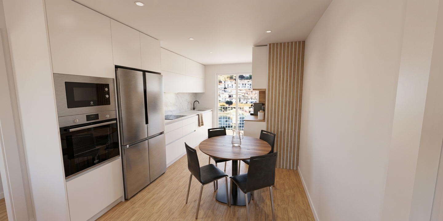 A photorealistic architectural interior photograph capturing the exact layout, geometry, and materials of the modern kitchen and dining space. Bright, natural daylight streams through the balcony doorway, casting soft highlights across the light wood flooring and subtle reflections on the brushed stainless steel refrigerator and built-in appliances. The flat white cabinetry features a smooth satin finish, the vertical wood slats display authentic grain and depth, and the round wooden table and sleek black dining chairs show natural tactile textures. The image is captured with true-to-life exposure, realistic contact shadows, balanced color temperature, and subtle photographic lens characteristics for a completely authentic, lived-in feel.