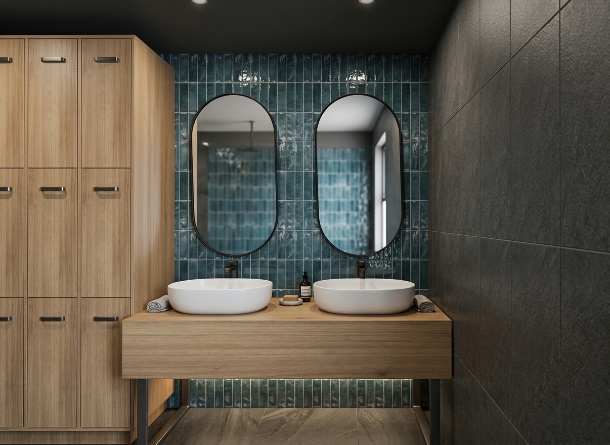 The photo presents a meticulously designed modern bathroom interior, where a refined balance of textures and cool tones evokes a crisp, refreshing atmosphere, akin to a **coastal breeze**. The focal point is a dual vanity setup, featuring a sleek, floating wooden countertop crafted from a light-toned timber whose subtle grain gently hints at **very pale peach** undertones. This vanity supports two pristine white oval vessel sinks, each perfectly symmetrical and paired with a minimalist black wall-mounted faucet and an elegant pill-shaped mirror above, framed in slender black. The entire back wall behind the vanity is clad in vertically stacked rectangular tiles, boasting a distinct glossy, handcrafted texture that shimmers in a deep teal hue, which, under the diffused ambient light, takes on the serene and inviting character of a **pale slate blue**. To the left, a tall bank of light wood storage lockers, featuring slim dark horizontal handles, continues the warm timber motif, grounding the space with functional elegance. The right wall provides a stark yet harmonious contrast, covered in large format rectangular tiles of a solid, matte **light gray**, offering a quiet backdrop to the more vibrant back wall. The overall composition creates a highly contemporary and tranquil bathroom environment, where the clean lines and chosen palette come together with a sense of invigorating freshness, almost as if a faint **light blush pink** glow from a sunrise were subtly touching the cool, reflective surfaces.