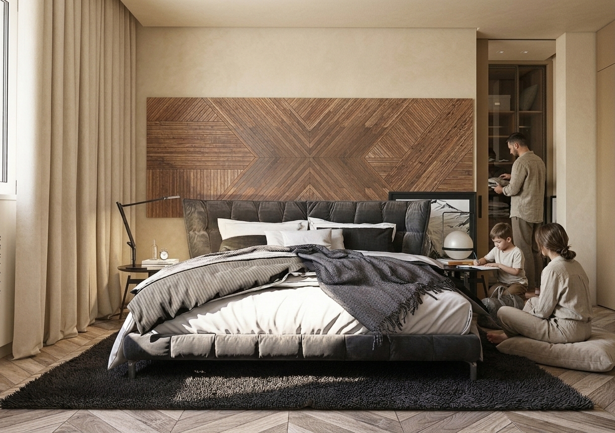 An architectural interior photograph of the bedroom captured with a prime lens in soft natural daylight, featuring walls and ceiling unified in a seamless, warm creamy-beige mineral plaster with a subtle matte texture, while adjacent wardrobe millwork is finished in a complementary, slightly deeper warm sand lacquer. The chevron hardwood flooring, geometric wood-slat feature headboard, tufted bed, dark plush rug, and fixtures remain completely intact, enriched with authentic tactile micro-textures, natural wood grain, and warm secondary illumination from the recessed LED cove and globe bedside lamp. Integrated subtly into the background, the family dressed in neutral linen inhabits the space naturally during an unposed, quiet domestic moment that leaves the architecture as the primary focus. The resulting image exhibits realistic dynamic range, soft natural light falloff from the window, balanced global illumination, and fine photographic grain.
