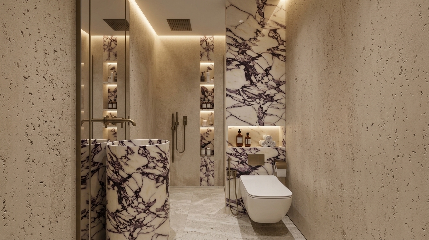 An incredibly lifelike, richly detailed, photorealistic eye-level interior shot of an ultra-luxurious bathroom set in an elegant contemporary penthouse. The scene is illuminated by concealed warm LED cove lighting and ambient backlit wall niches, creating a sophisticated, tranquil, and light-filled atmosphere. Captured with a professional 24mm tilt-shift architectural lens, emphasizing the dramatic contrast between the coarse, tactile beige travertine plaster walls and the opulent, mirror-polished Calacatta Viola marble with its striking plum and deep wine-colored veining. On the left, a sculptural freestanding cylindrical marble washbasin commands attention with its minimalist matte-finish wall-mounted faucet, subtly mirrored in the floor-to-ceiling glass panel, while the walk-in shower beyond features slim dark metal rainfall fixtures seamlessly integrated into the clean-lined stone surround. To the right, a floating wall-hung ceramic toilet sits against an exquisite marble accent partition featuring a sleek recessed niche styled with curated decor, including rolled pearl-white guest towels and refined amber apothecary bottles, completing an understated, balanced interior enveloped in soft shades of champagne, warm white, and muted gray.