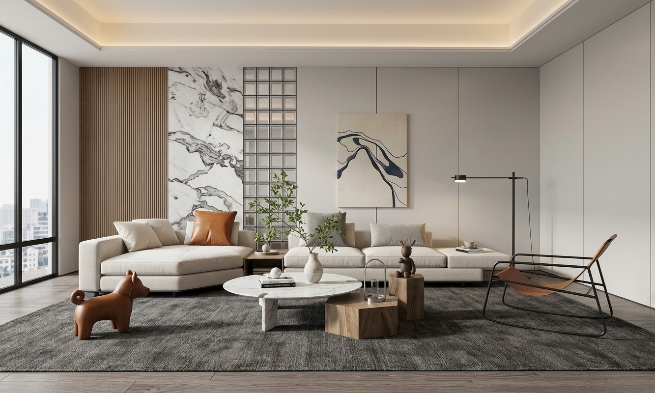 An incredibly lifelike, richly detailed, photorealistic wide-angle interior shot of a chic living room set in a modern, open-concept urban penthouse. The scene is illuminated by crisp midday sunlight pouring through floor-to-ceiling black-framed windows and balanced by soft ambient glow from the recessed tray ceiling, creating an airy, sophisticated, and tranquil atmosphere. Captured with a professional 24mm tilt-shift lens, emphasizing the rich interplay of dramatic bookmatched marble veining, warm fluted wood paneling, and tactile textiles, the composition centers on an expansive off-white modular sectional adorned with plush cushions and a rich cognac accent. A curated cluster of low-profile tables—including an organic-shaped white marble coffee table holding fine photography books and a delicate ceramic vase with lush greenery, alongside a geometric faceted wood block—rests atop an expansive charcoal wool-blend rug. To the side, an industrial-inspired black metal rocking chair with taut saddle leather and a whimsical leather-clad animal sculpture add playful character, harmonizing effortlessly beneath a bold abstract canvas and sleek matte-black architectural lighting.