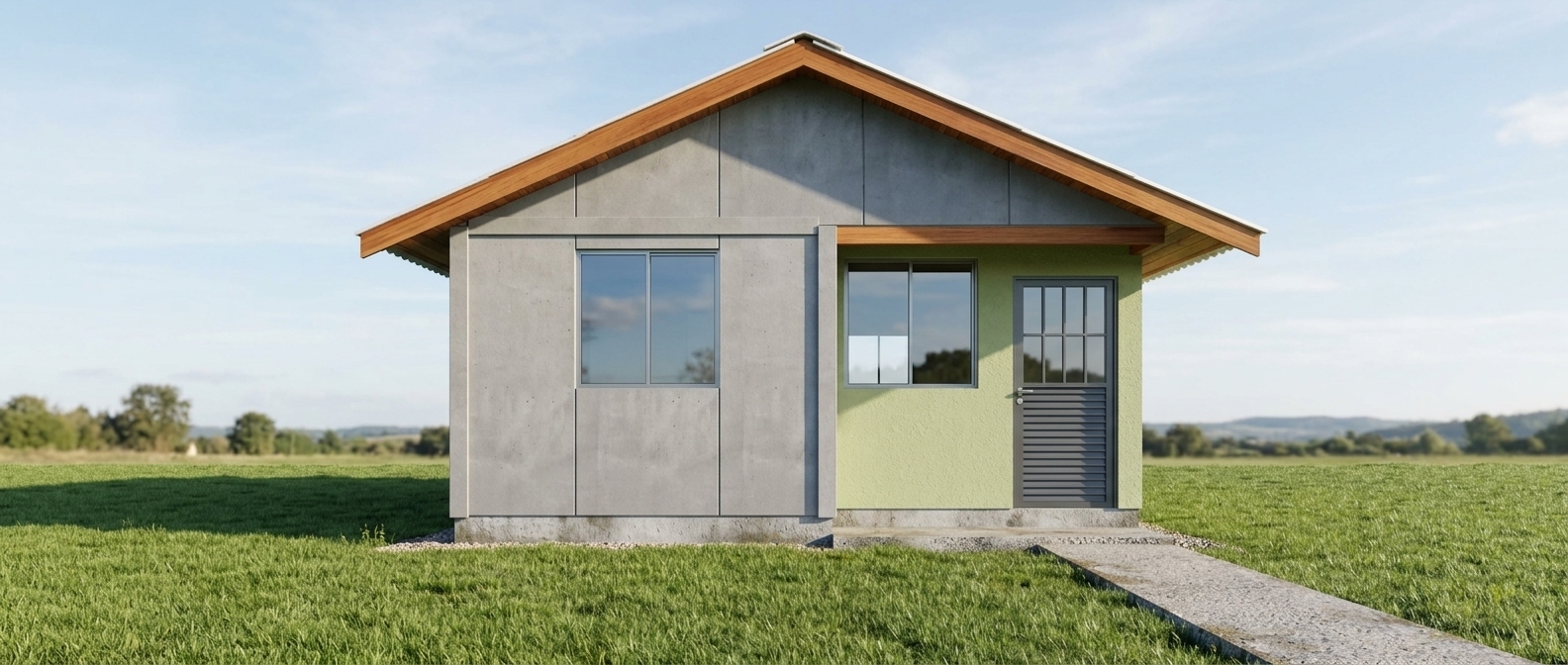 Transform this 3D model into a photorealistic architectural exterior render, strictly preserving building geometry and proportions. Render the left facade with smooth grey concrete panels and a clean glass window. The recessed right facade should have a light green stucco finish, a realistic metal entry door, and a glass window. Render the roof with white fiber-cement corrugated sheets and finished wooden fascia boards. Replace the white background with a realistic sunny sky and landscape. Replace the foreground with a natural green grass lawn and a textured concrete walkway under bright daylight with realistic soft shadows.