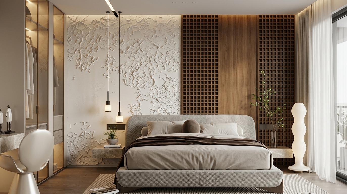 An incredibly lifelike, richly detailed, photorealistic wide-angle interior shot of an upscale master bedroom set in a luxury contemporary residence. The scene is illuminated by soft, diffused natural light streaming through floor-to-ceiling sheer drapery, harmonizing with the warm, focused radiance of sleek suspended black pendant lights and ambient recessed ceiling fixtures, creating a serene, sophisticated, and light-filled atmosphere. Captured with a high-end architectural tilt-shift lens, emphasizing the clean-lined geometry, rich material contrasts, and exquisite tactile finishes throughout the space. At the center stands a tailored platform bed upholstered in a plush, tactile soft-gray textured fabric, neatly dressed in refined neutral linens, a deep chocolate throw, and a sculptural bolster pillow. The backdrop is a masterclass in texture, juxtaposing an embossed, sculptural abstract plaster wall relief with elegant, dark wood grid lattice partitions and polished timber paneling. Flanking the bed, floating bedside tables crafted from polished stone showcase curated decor, while an open photography book rests casually near the edge of a softly ribbed area rug. To the left, a meticulously designed open wardrobe system features slim metal accents, illuminated interior cabinetry, and an adjoining vanity nook paired with an avant-garde, sculptural chair. In the sunlit corner, a tall, undulating modern floor lamp and a delicate minimalist branch in a glass vase provide organic balance, completing a palette of warm white, pearl, champagne, and soft gray.