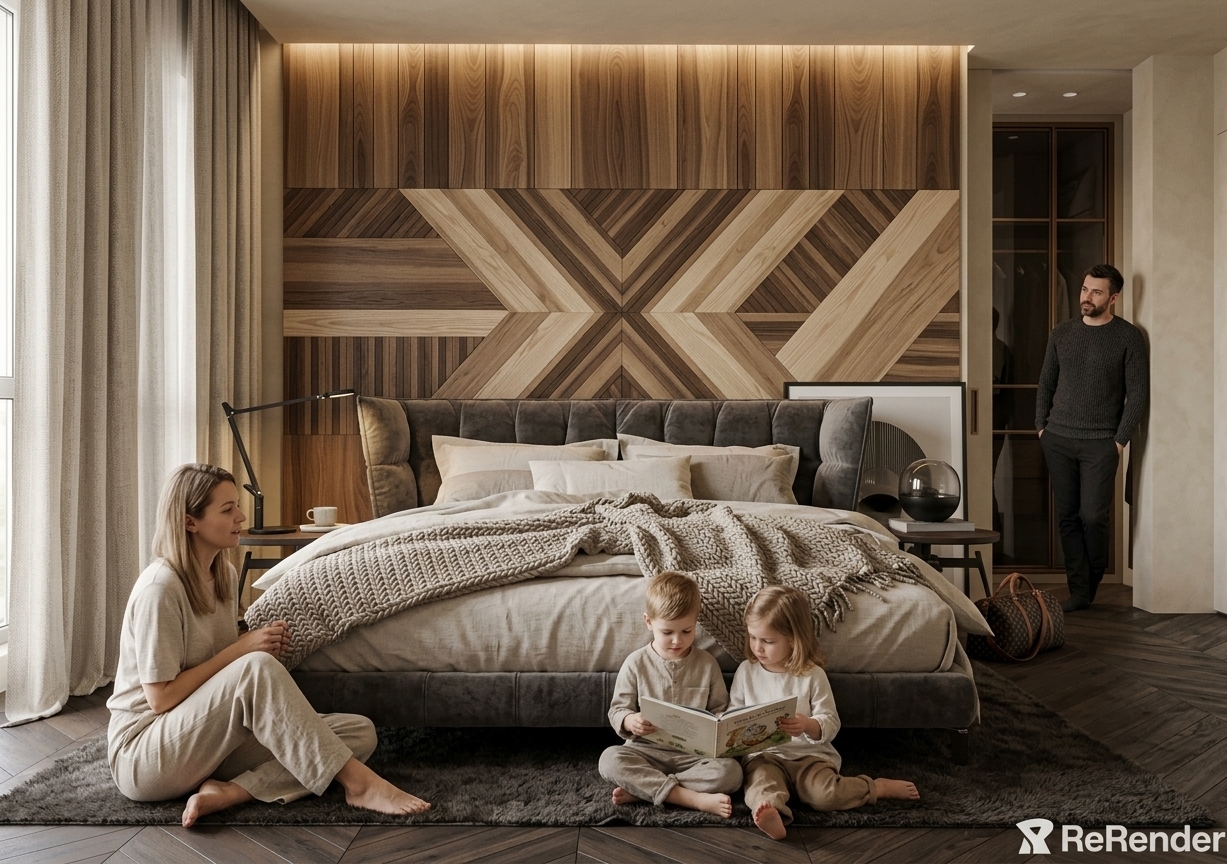 An incredibly lifelike, richly detailed, photorealistic wide eye-level shot of a luxury minimalist bedroom set in a tranquil modern residence. The scene is illuminated by gentle midday summer daylight filtering through floor-to-ceiling drapes alongside soft accent lighting, creating a warm, organic, and serene atmosphere. Captured with a 35mm tilt-shift architectural lens on a full-frame sensor, emphasizing continuous mineral plaster textures, tailored fabrics, and natural chevron oak parquet flooring. 

The original architecture and layout are preserved with an elevated Boho Japandi aesthetic; the walls and ceiling merge seamlessly in a continuous, powdery-matte Jeger Shabby Fluff creamy-beige mineral plaster, balanced by matte sand-lacquered wardrobe cabinetry and the original geometric wood-paneled feature wall. The plush, charcoal-tufted platform bed anchors the room with soft layered linens and textured throws. Naturally integrated into the tranquil space, the family shares a quiet midday moment: the mother sits casually near the bed dressed in oatmeal linen, speaking softly to the father who pauses comfortably by the smoked-glass wardrobe, while their young son and daughter sit quietly on the plush dark rug sharing a book, bringing genuine domestic warmth to a refined, magazine-grade architectural space.