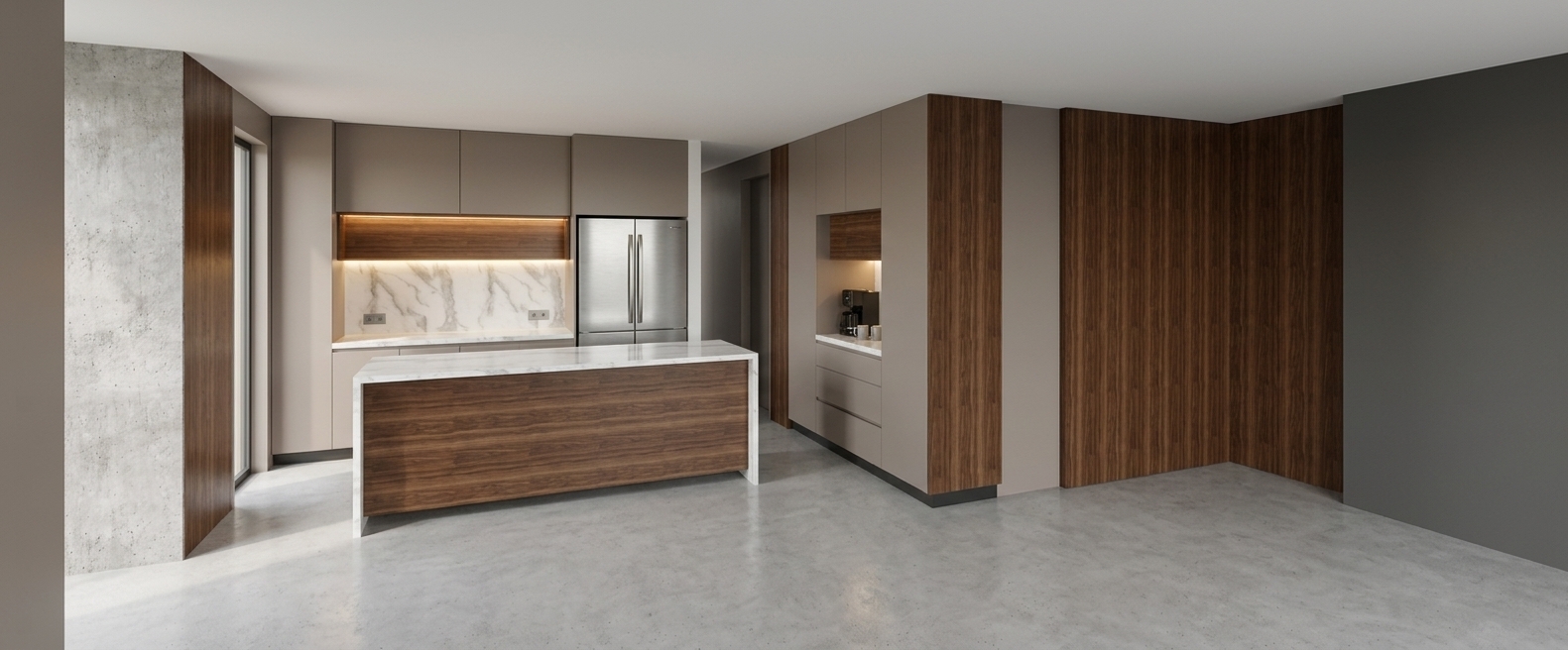 Photorealistic architectural photograph of the exact modern kitchen scene under bright summer midday light, maintaining identical framing, layout, and perspective. Crisp, natural high-sun daylight enters the interior, casting defined yet soft ambient shadows across the smooth floor while highlighting the rich vertical grain of the walnut wood panels and the velvety matte finish of the taupe cabinetry. The polished white marble island and backsplash display subtle, natural reflections alongside the brushed stainless steel refrigerator and dark coffee station niche. Captured on a sharp wide-angle architectural lens with realistic dynamic range, fine surface micro-textures, and faint natural grain.