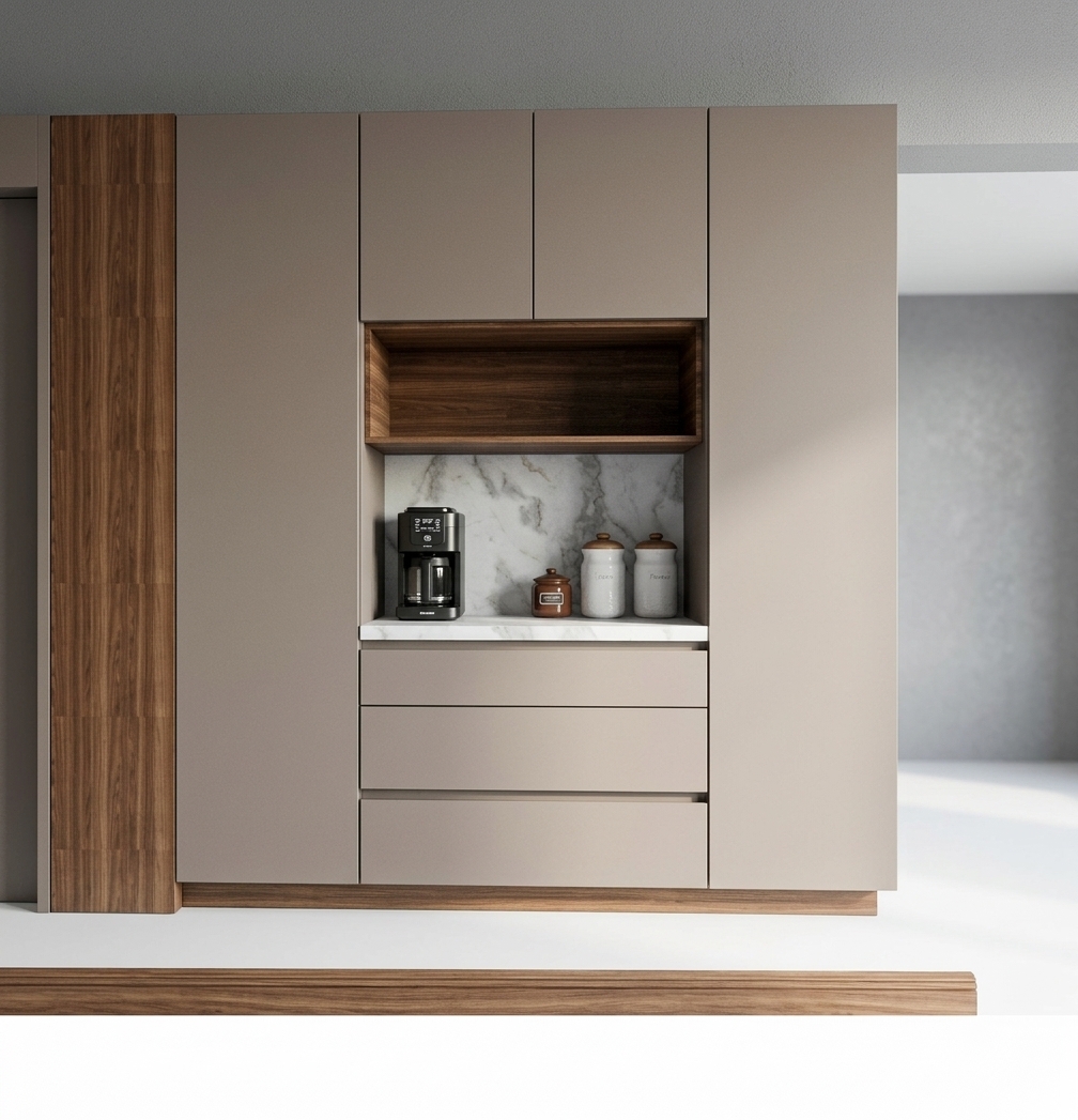 A straight-on architectural photograph of modern built-in kitchen cabinetry illuminated by bright, natural midday summer sunlight. The taupe cabinet doors feature a smooth matte texture, complemented by the realistic grain of the vertical walnut accent panel and upper niche shelf. Inside the coffee station, the polished white marble backsplash and counter display delicate grey veining and subtle ambient reflections. The black coffee maker, small canister, and white ceramic jars cast soft, natural shadows under the clear daylight. Captured with a sharp 50mm architectural lens, neutral 5500K color temperature, crisp material micro-textures, and a lifelike dynamic range.
