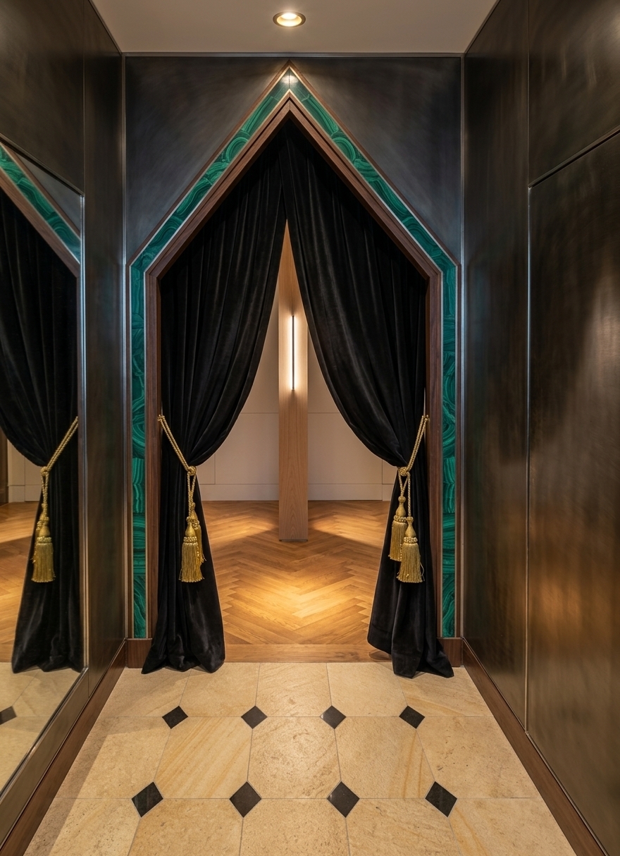 The photo captures a sophisticated interior, presenting what appears to be a **modern fusion** mudroom entry point with a dramatic flair. A grand, pointed archway dominates the center, framed by multi-layered trim in a striking combination of dark wood and a vibrant, almost verdigris teal. Heavy, dark charcoal drapes, luxuriously textured and held back by olive-green tassels, beckon one into the unseen space beyond. The walls of this transitional area are finished in a dark, matte gray, providing a rich, somber backdrop that highlights the decorative archway. Underfoot, the floor features light beige rectangular tiles arranged in a grid, accented by small, sharp black diamond inserts, leading towards the threshold. Beyond the draped opening, a warm, golden light spills forth, revealing a classic herringbone wood floor, hinting at a more brightly lit, inviting interior. The composition is highly symmetrical, drawing the eye directly to the ornate portal, creating a sense of anticipation and a luxurious atmosphere that elevates a typically utilitarian mudroom into a statement of architectural elegance and refined taste.