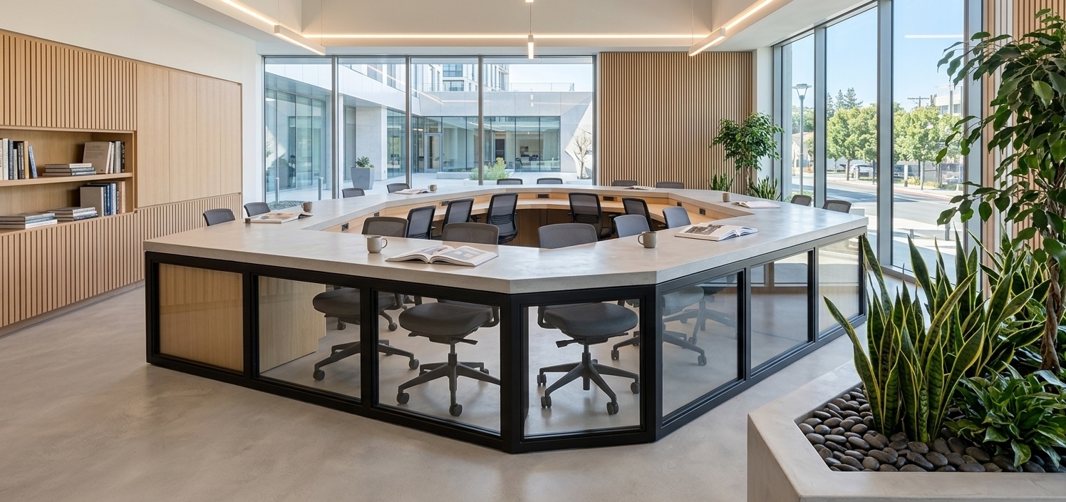 An incredibly lifelike, richly detailed, photorealistic wide-angle interior shot of an ultra-modern hybrid classroom and coworking space designed for 25 students set in a cutting-edge urban educational campus. The scene is illuminated by brilliant, diffused daylight pouring in through expansive floor-to-ceiling glass curtain walls, balanced by recessed architectural linear LED lights and minimalist warm-glow pendant fixtures, creating an airy, focused, and serene atmosphere. Captured with a professional full-frame camera and a 24mm tilt-shift lens at f/8, emphasizing the tactile textures of polished pale-gray microcement flooring, acoustic slatted white oak wall paneling, smooth matte-black powder-coated steel framing, and clear glass reflections.

The minimalist layout features flexible, modular blonde-wood study tables arranged neatly into collaborative pods to accommodate exactly 25 occupants, paired with ergonomic, charcoal-gray task chairs with breathable mesh backs. At the front of the room, a flush-mounted 85-inch interactive smart display is flanked by magnetic glass dry-erase panels set seamlessly into a warm wood-slat feature wall. Large architectural indoor planters filled with lush snake plants and cascading ficus trees introduce biophilic elements, contrasting gently against the crisp, clean lines of the interior.

Through the sweeping ribbon windows, views reveal the contemporary geometric architecture of the exterior campus courtyard and surrounding tree-lined urban streets under a clear blue sky. Thoughtful details—such as sleek integrated power hubs flush with the tabletops, scattered ceramic coffee mugs, open minimalist shelving holding design volumes, and concealed perimeter acoustic baffling—reinforce the space's dual identity as a high-end coworking environment and a sophisticated modern learning sanctuary.