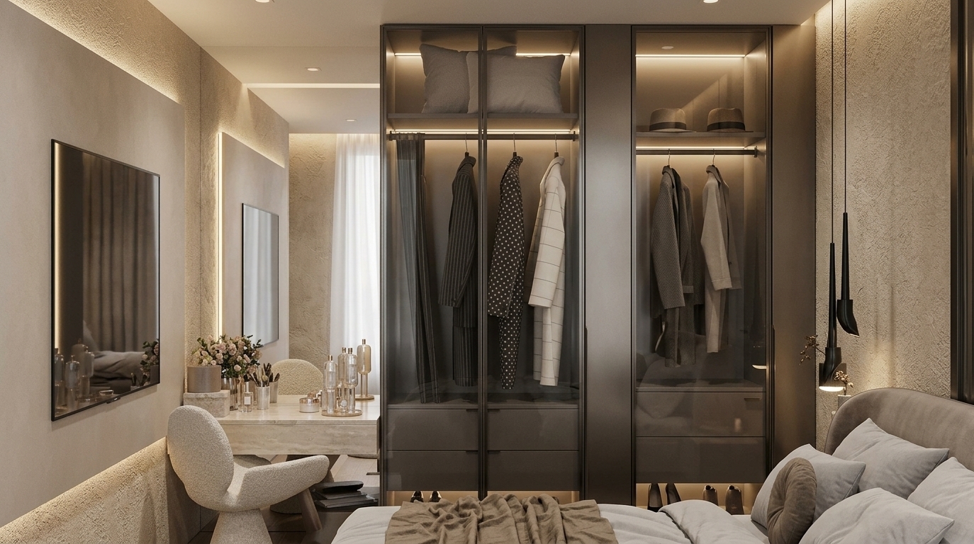An incredibly lifelike, richly detailed, photorealistic eye-level interior photograph of a master bedroom suite set in a high-end contemporary urban apartment. The scene is illuminated by soft integrated LED strip lights hidden within the sleek cabinetry, warm ambient recessed ceiling fixtures, and diffused natural light spilling gently from the adjacent vanity nook, creating a refined, serene, and sophisticated atmosphere. Captured with a professional full-frame camera and a 35mm tilt-shift architectural lens, emphasizing tactile rough-textured champagne plaster accent walls, sleek dark metallic frames, and the smooth clarity of smoked glass wardrobe doors. In the foreground, a plush bed dressed in layers of crisp pearl-gray linens, round accent pillows, and an earthy taupe throw rests beside a curved upholstered headboard and slender black sculptural pendant lights. The backdrop showcases meticulously designed built-in wardrobes finished in muted charcoal and warm white tones, illuminated from within to display neatly hung garments, fedora hats, and custom cabinetry drawers, which flow seamlessly into an intimate dressing area featuring a floating polished stone vanity desk, delicate cosmetic flacons, fresh floral accents, and a distinctive sculptural bouclé vanity chair.