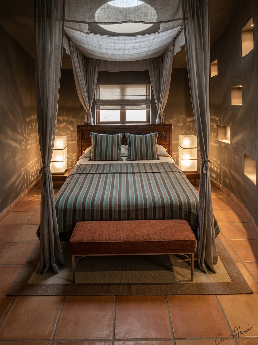 A professional architectural interior photograph capturing the exact symmetrical composition of the bedroom, featuring rich dark brown matte-finished plaster walls and matching ceiling. Warm, soft light emanates from bedside nightstand lamps constructed of stacked translucent glass blocks, casting subtle caustic glows across the terracotta-tiled floor. The gently curved right wall displays asymmetrical square recessed niches glowing with soft interior illumination. Gauzy, semi-sheer canopy drapes frame the centered bed dressed in fine woven striped linen, with a textured rust-colored upholstered bench at its foot resting on a bordered area rug. Natural daylight softly diffuses through the back window and oval ceiling recess, rendered with natural camera depth of field, delicate shadows, and subtle photographic grain.