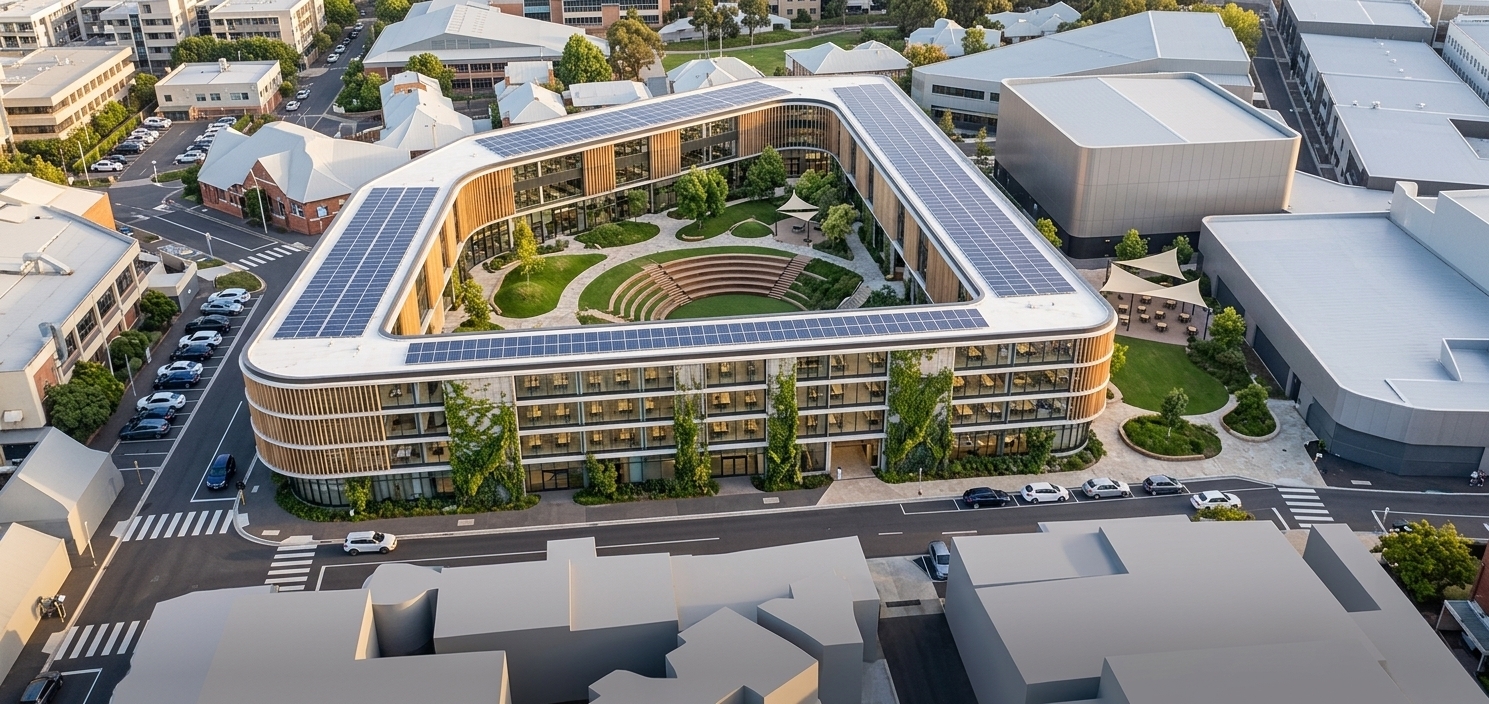 An incredibly lifelike, richly detailed, photorealistic high-angle aerial photograph of a prestigious modern school and academic research campus set in an integrated urban district. The scene is illuminated by the clear, golden radiance of mid-afternoon sunlight casting soft, elegant shadows across the tiered terraces, creating a vibrant, inspiring, and sophisticated atmosphere. Captured with a high-resolution drone-mounted medium format camera and a sharp tilt-shift lens, emphasizing the rich contrast between vertical timber battens, lush vertical gardens, crystal-clear curtain wall glazing, and smooth composite metal cladding.

The flagship educational facility is designed around a sweeping, aerodynamic trapezoidal courtyard with gracefully curved corners. Along its multilayered facade, alternating bands of continuous ribbon glazing and warm natural oak-toned louvers create a rhythmic, sustainable sun-shading system. Interspersed across the exterior are vibrant living walls overflowing with climbing ivy, ferns, and native vegetation, emphasizing a healthy biophilic learning environment. Atop the wide flat roofs, extensive solar panel arrays glint beneath the clear sky, underscoring the campus’s sustainable mission.

Through the floor-to-ceiling glass facades, the interior spaces reveal an innovative fusion of cutting-edge pedagogical design and boutique hotel-lobby elegance. Expansive, flexible classrooms and lecture studios feature modular oak-paneled acoustic walls, recessed ambient LED cove lighting, plush lounge seating pods, and polished terrazzo floors. The learning environments transition fluidly from formal classroom configurations to collaborative breakout zones reminiscent of a high-end luxury hospitality suite, complete with sculptural reception desks, double-height study atriums, and bespoke brass-accented furnishings.

At the core of the complex lies a sunken central amphitheater and landscaped botanical courtyard. Stepped timber bleachers and sculpted lawn mounds provide students and faculty with natural outdoor learning and social spaces, populated by modern bistro tables under sun sails, mature deciduous trees, and winding stone walkways. Surrounding the perimeter, crisply marked asphalt streets, orderly pedestrian crossings, parked city vehicles, and adjacent academic pavilions ground the visionary campus seamlessly into its energetic urban framework.
