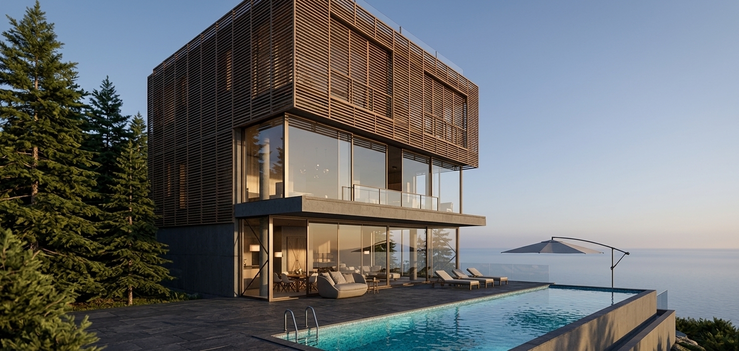 An incredibly lifelike, richly detailed, photorealistic wide-angle exterior architectural shot of a contemporary multi-level hillside villa set in a serene coastal alpine retreat. The scene is illuminated by crisp late-afternoon golden sunlight and the gentle, warm ambient glow of recessed interior lights, creating an ultra-luxurious, peaceful minimalist haven atmosphere. Captured with a 24mm tilt-shift architectural lens, emphasizing the tactile grain of fine horizontal timber louvers, smooth dark architectural concrete, and crystal-clear floor-to-ceiling glass with refined bronze frames. The ground level seamlessly connects to an expansive outdoor patio surfaced in charcoal slate tile, framing a pristine infinity-edge swimming pool with glistening turquoise water, modern neutral-toned sun loungers, and a sleek cantilevered umbrella. Tall, lush evergreen pines flank the structure on the hillside, grounding the bold geometric volumes in nature and enhancing the dramatic contrast between the sharp modern cantilever and the tranquil natural horizon.
