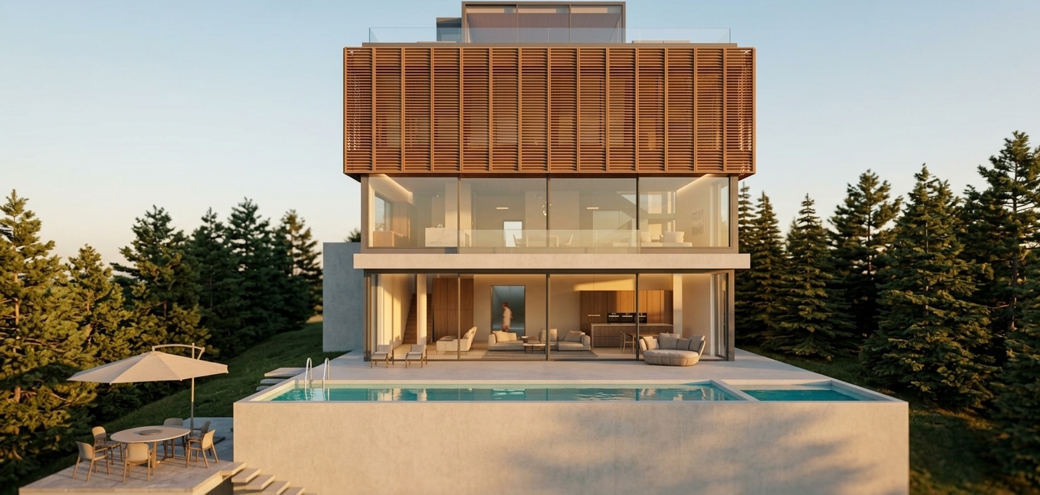 An incredibly lifelike, richly detailed, photorealistic wide architectural shot of a luxury modern multi-tiered villa set in a serene hillside landscape bordered by lush evergreen pines. The scene is illuminated by the warm, golden radiance of late-afternoon sunlight paired with soft, inviting interior ambient lighting, creating an elegant and tranquil atmosphere. Captured with a professional tilt-shift lens, emphasizing the pristine clarity of the floor-to-ceiling glass, polished concrete finishes, and warm natural wood louvers. Seamlessly merging indoor and outdoor living, the expansive ground floor reveals a minimalist haven with an open-concept living room featuring plush neutral-toned sofas, refined bespoke cabinetry, and contemporary finishes. Outside, a sleek infinity pool with crystal-clear turquoise water mirrors the open sky, complemented by a smooth stone sun deck and a sunken terrace arranged with stylish outdoor dining under a generous canvas umbrella. Above, the rhythmic timber brise-soleil and glass-railed rooftop terrace crown this masterpiece of clean geometric design and modern sophistication.