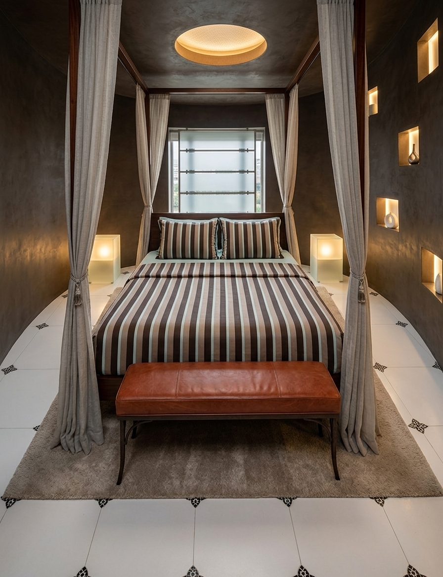 A professional eye-level architectural photograph capturing the exact composition and geometry of the sketch, featuring rich matte dark-brown plaster on the walls and ceiling. Polished white floor tiles with subtle black ornamental accents reflect soft light beneath a plush, neutral-toned area rug. The bed, dressed in crisp striped linens and fronted by a rust-upholstered bench, is framed by airy, translucent sheer canopy drapes. Ambient illumination glows softly from translucent glass-block nightstands, warm backlit square niches along the curved right wall, and a recessed circular ceiling light. Captured with a wide-angle interior lens, balanced dynamic range, realistic surface textures, and a cozy, moody color temperature.