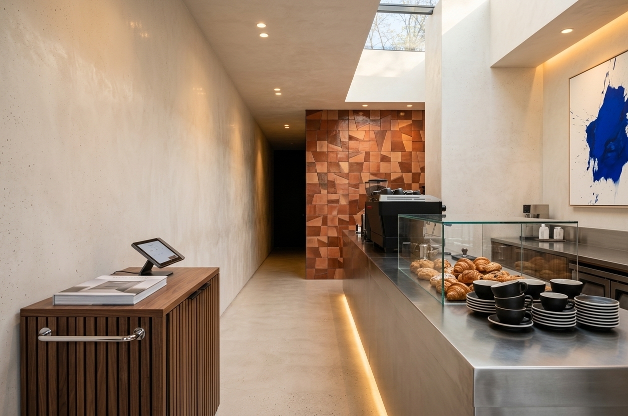An incredibly lifelike, richly detailed, photorealistic eye-level interior shot of a boutique coffee shop order counter set in a bustling urban design district. The scene is illuminated by the soft, warm golden glow of an early spring sunrise streaming through a generous architectural skylight, mingling with warm recessed downlights and subtle under-counter LED strips, creating an invigorating yet tranquil morning atmosphere. Captured with a Hasselblad H6D-100c medium format camera and a 28mm f/4 wide-angle lens, emphasizing the fine brushed grain of stainless steel, the tactile depth of ribbed wood, and the crisp geometric silhouettes of modern fixtures.

Reimagined through the lens of sleek modern fusion, this compact service bay transforms into a bold, highly curated architectural focal point. The original sterile white walls are upgraded to seamless, polished off-white microcement with subtle stone-like aggregate, establishing an elevated, gallery-grade foundation. In place of standard tiles, the back feature wall boasts a dramatic geometric mosaic of hand-glazed terracotta in varying tones of burnt sienna and clay, anchored by a vibrant, large-scale framed piece of abstract expressionist art in stark monochrome with a vivid cobalt blue splash.

The service counter merges industrial durability with organic warmth: a seamless, heavy-gauge brushed stainless steel worktop gracefully meets custom modular cabinetry crafted from dark slatted walnut. Sleek matte black hardware introduces clean, urban lines throughout the workspace. Atop the counter, a matte black and polished chrome commercial espresso machine gleams beside an artisan coffee grinder and neatly aligned ceramic cups. On the foreground reception counter, a crisp digital ordering display is complemented by an open architectural photography book, adding a cultured, hospitable touch, alongside a minimalist frameless glass pastry vitrine showcasing golden, freshly baked croissants and pastries.

Lush greenery breathes life and spring vitality into the space—a cascading trailing philodendron spills gently from a high black steel floating shelf, while outside the clear glass aperture above, the fresh morning sky hints at budding street trees. The design masterfully balances human scale and high-efficiency ergonomics, creating an open-concept, visually magnetic micro-cafe that harmonizes industrial precision with warm natural elements.