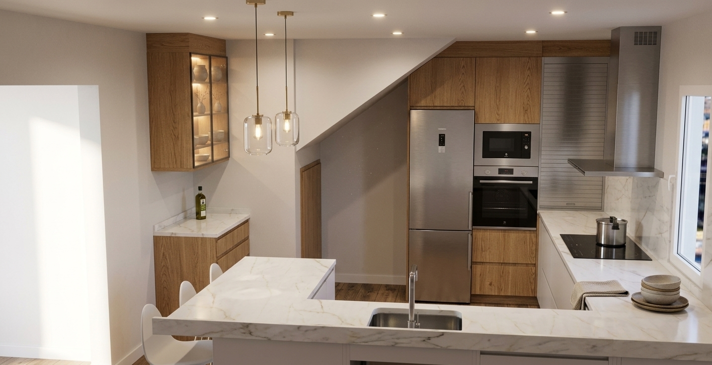 A photorealistic architectural interior photograph capturing the exact layout, cabinetry, and geometry of the kitchen, featuring realistic natural oak wood grain, brushed stainless steel appliances, and softly veined marble countertops. The scene is illuminated by warm recessed ceiling spotlights, a delicate warm LED glow from inside the upper glass display cabinet, and two minimalist pendant lamps gracefully suspended above the breakfast bar counter where the stools are placed. Tasteful, sparse decorative kitchen accessories subtly rest on the counters, while natural daylight spills gently across the surfaces, highlighting realistic micro-textures, soft ambient shadows, subtle lens depth of field, and natural reflections without altering any layout or structural lines.