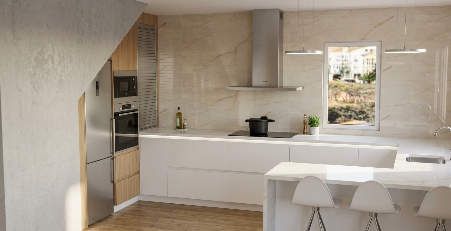 A realistic architectural photograph of the kitchen preserving the exact layout, beige veined marble surfaces, light wood-grain tall unit, and clean white lower cabinets. Two sleek pendant lights hang directly above the island counter with the stools, while soft recessed ceiling LED downlights and gentle daylight from the window illuminate the space. Subtle kitchen decor and accessories accent the countertops. The brushed stainless steel hood and built-in appliances exhibit realistic reflections and micro-textures, captured with a sharp 35mm lens, neutral color temperature, and natural photographic depth.