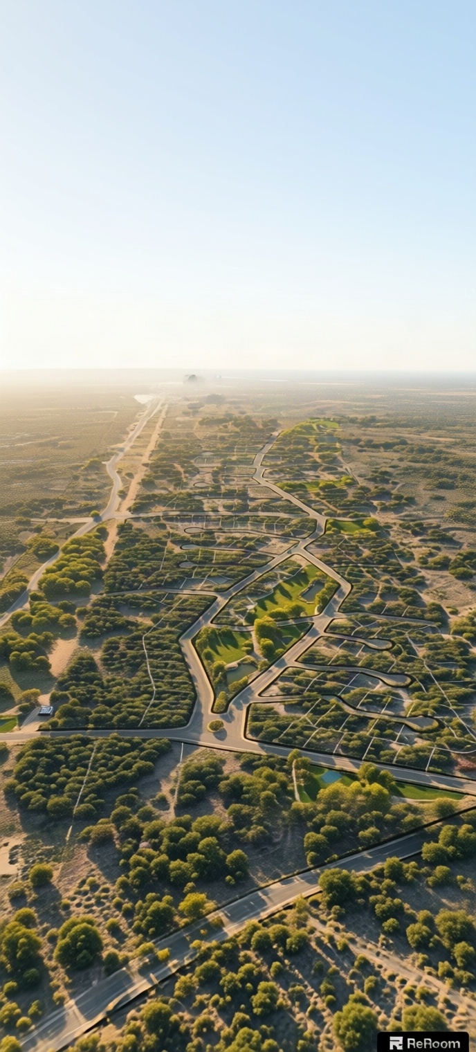 High-altitude top-down aerial photograph of the exact master plan layout, illuminated by warm late-afternoon golden-hour sunlight. The low-angled warm light casts soft shadows from the trees across the arid terrain, roadways, and landscaped zones, highlighting authentic soil and foliage textures. The landscape takes on rich, amber-tinged hues, captured with natural dynamic range, crisp medium-format optical clarity, and gentle edge vignetting while fully preserving the original geometry, parcel lines, and overhead perspective.