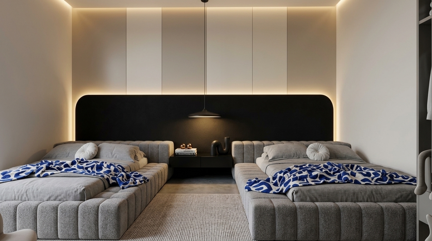 An incredibly lifelike, richly detailed, photorealistic eye-level interior shot of a contemporary dual-bed guest suite set in a high-end minimalist residence. The scene is illuminated by the soft, ambient glow of hidden warm LED cove backlighting framing a monolithic matte-black headboard and a suspended, low-profile sculptural downlight, creating a balanced, serene, and sophisticated atmosphere. Captured with a professional 35mm tilt-shift architectural lens, emphasizing the fine textures of tailored upholstered platform beds, soft heather-gray linens, and dynamic cobalt-and-white patterned throws, the room radiates contemporary elegance through understated luxury. Symmetrically arranged, the twin low-profile beds flank a sleek floating black nightstand accented with curated modern decor, including an abstract organic sculpture, polished bronze spheres, and a stack of crisp photography art books. Above, refined vertical paneling in shades of warm pearl and soft champagne gray ascends to the ceiling, perfectly juxtaposing the bold horizontal span of the headboard, while a plush ribbed area rug rests over polished neutral flooring, anchoring this clean-lined, meticulously curated haven.