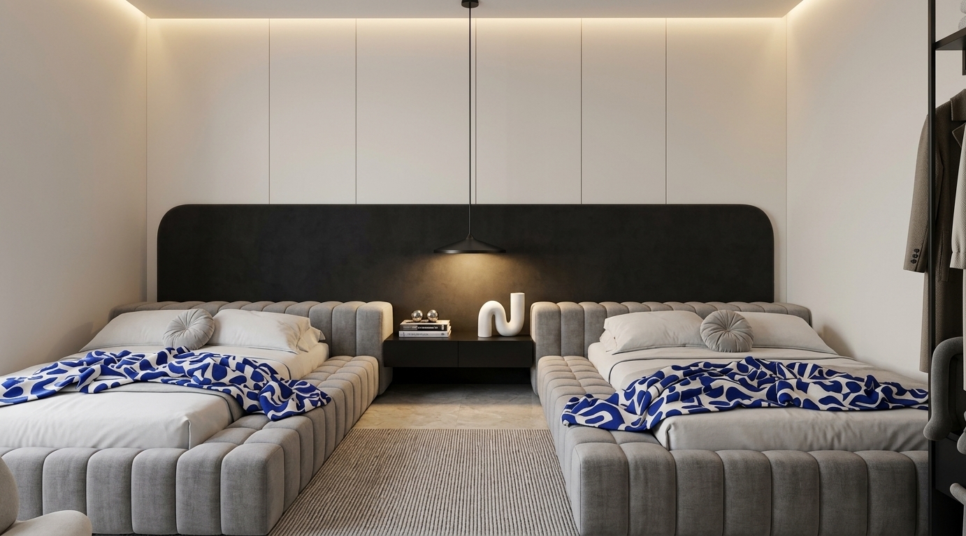 An incredibly lifelike, richly detailed, photorealistic wide-angle interior shot of a sophisticated contemporary bedroom set in an elegant modern residence. The scene is illuminated by warm, concealed perimeter cove lighting that softly washes over seamless off-white upper wall panels and a gentle pool of light from a slim matte black pendant fixture, creating an understated, serene, and refined atmosphere. Captured with a 35mm architectural lens at a balanced eye-level perspective, emphasizing tailored upholstery textures, smooth matte surfaces, and clean geometric lines. The space features twin low-profile platform beds wrapped in channel-tufted soft gray fabric, styled with crisp monochrome bedding, pleated round accent pillows, and draped cobalt-and-white abstract printed throws that inject artistic vibrancy. Anchoring the layout, an expansive rounded charcoal-black headboard contrasts against the champagne and warm white backdrop, integrating a central floating black nightstand styled with stacked photography books, twin metallic spheres, and a sinuous ceramic sculptural vase. Below, a fine-ribbed wool area rug overlays polished stone-finish flooring, completing a balanced, light-filled composition that exudes tailored luxury and modern tranquility.