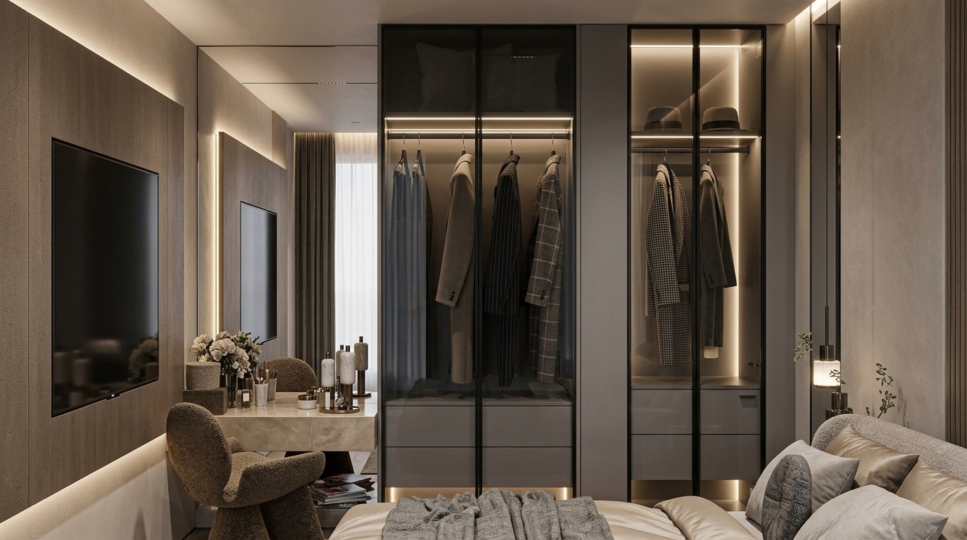 An incredibly lifelike, richly detailed, photorealistic wide-angle interior shot of a bespoke master bedroom and dressing suite set in a high-end contemporary urban residence. The scene is illuminated by soft integrated LED wardrobe lighting and warm, diffused ambient cove illumination, creating an intimate, serene, and sophisticated atmosphere. Captured with a 24mm architectural tilt-shift lens, emphasizing the rich contrast between coarse bouclé-textured wall finishes, polished champagne-toned stone surfaces, and sleek, dark metal accents. In the center, custom floor-to-ceiling smoked-glass wardrobes with slim black mullions showcase meticulously hung tailored jackets, patterned coats, and neatly placed brimmed hats above clean-lined soft-gray drawers. To the left, a minimalist floating vanity counter adorned with curated cosmetic flacons and delicate floral decor pairs with an avant-garde sculptural accent chair, set beside a flush wall-mounted screen framed by warm architectural paneling. In the foreground, the edge of a luxurious platform bed features layered champagne and heathered gray textured pillows complemented by a rich, folded accent throw, rounding out a balanced, light-filled aesthetic defined by understated contemporary elegance.