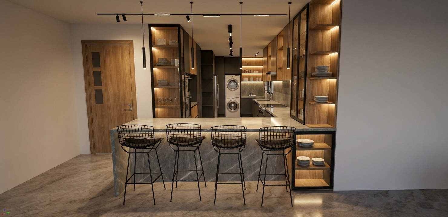 A photorealistic architectural interior photograph preserving the exact composition and layout, captured with a sharp 35mm lens. Warm 3000K LED strip lighting is integrated inside the glass-door display cabinets, beneath the upper cabinetry, and along the baseboard kickplates, casting a soft ambient glow across the polished stone floor and waterfall island counter. The scene features authentic material physics with natural grain on the light oak cabinetry, semi-gloss reflections on the dark countertops, crisp shadows from the black wire barstools, and balanced ambient interior lighting free of digital artifacts.